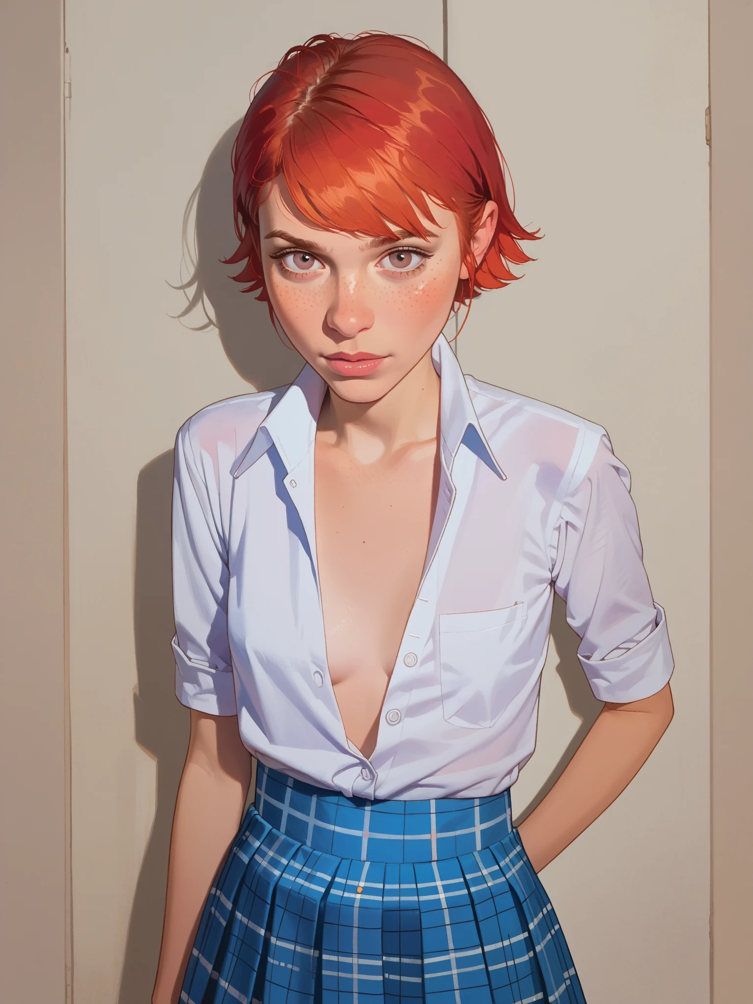 A realistic rendering of a David Wright style illustration of a very close shot, ultra close shot on the breasts of two pert, nubile, thin, freckled teen girls with 50s style, very short light peach hair, bows in hair, slight smile, topless, best quality, tiny breasts, bare breasts, small breasts, bare crotch, exposed crotch, pink nipples , puffy nipples , exposed nipples , wearing clear, orange, plastic body armor, clear orange plastic armor, clear, orange, bulky, plastic body harness, clear, orange, bulky, plastic body cage, blue bondage straps, black, spiked choker necklace, black leather jacket, a silver chain wrapped around body, open, white blouse, white lace collar, pastel lace, pastel lace straps under nipples, pastel lace straps under breasts, open light blue, fuzzy sweater, undressing,
uniform, partially clothed, sitting in a bondage harness swing, in an orange, neon lit, 1950s teen girl's bedroom, glowing orange, neon lights, full of bondage straps,, ultra close shot on breasts