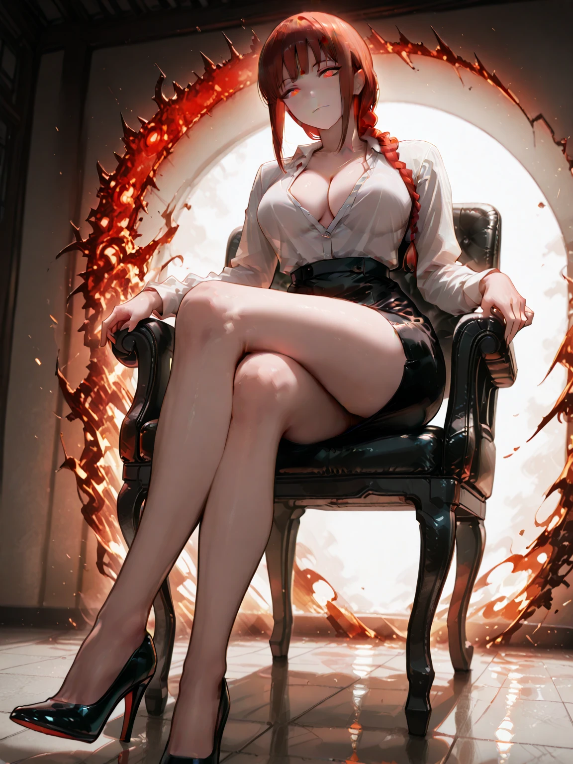 A beautiful woman sitting in a chair,red hair,long leges,Beautiful feet --auto