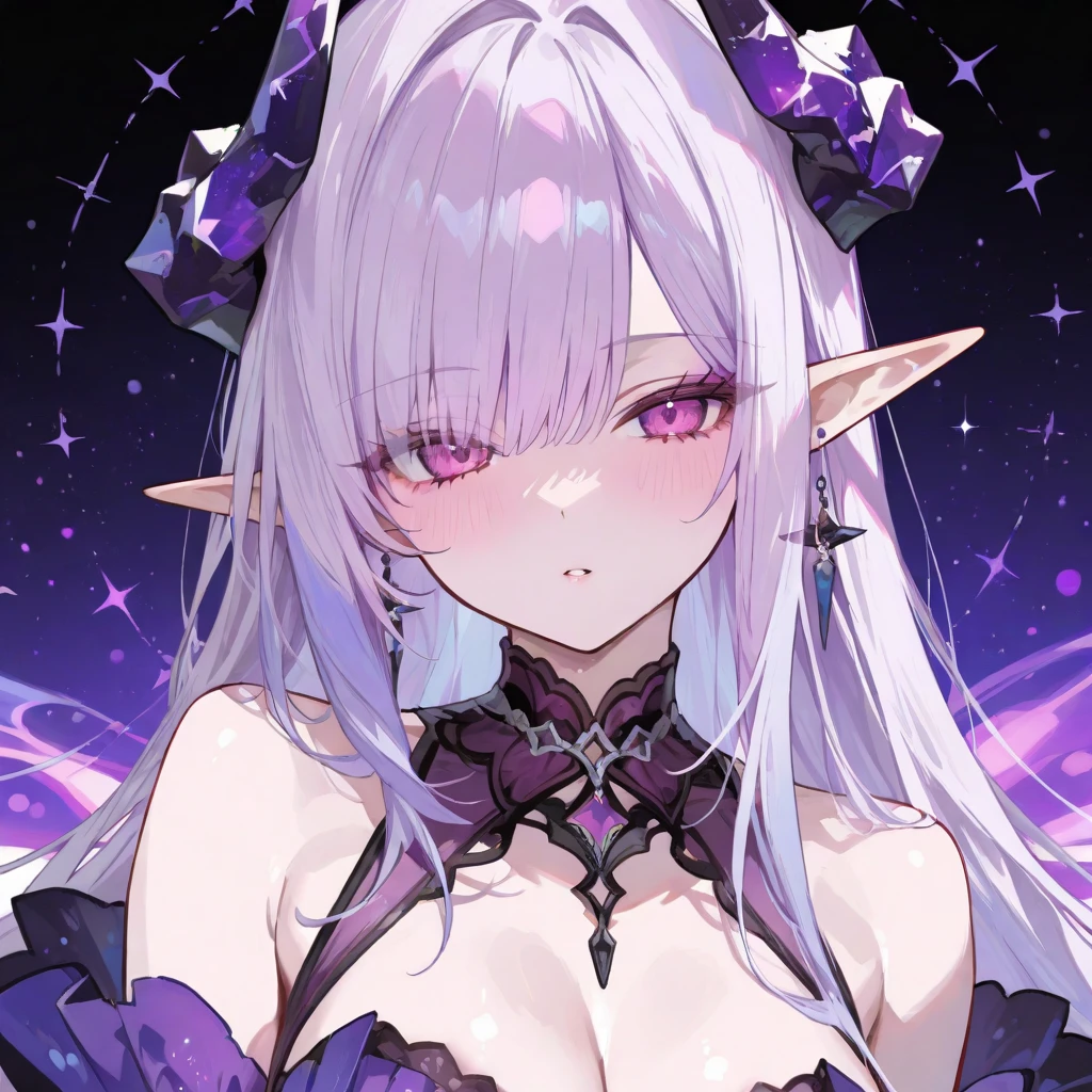gothic castle, A female Milf demon with long silver hair and purple locks with elf ears and black demonic horns, Yellow eyes of the demon, pupila vertical, (olhos incrivelmente detalhados), rosto maduro e adulto com um sorriso perverso para os espectadores, dentes de vampiro, corpo volumoso com seios e busto enormes, pale skinned, vestido de noiva, Catedral branca iluminada e linda, corpo volumoso com seios e busto enormes, Cabelo prateado com mechas roxas ,(yellow demonic eyes), olhos brilhantes, Moda realista, sysie high definition details, fotografia, perspicacity, unique 850 4, Koda850 k portrait camera, Primavera F1.6, cores ricas, Textura super realista, textura de luz espetacular, arte surreal, Cinestil 800 mecanismo de moda.