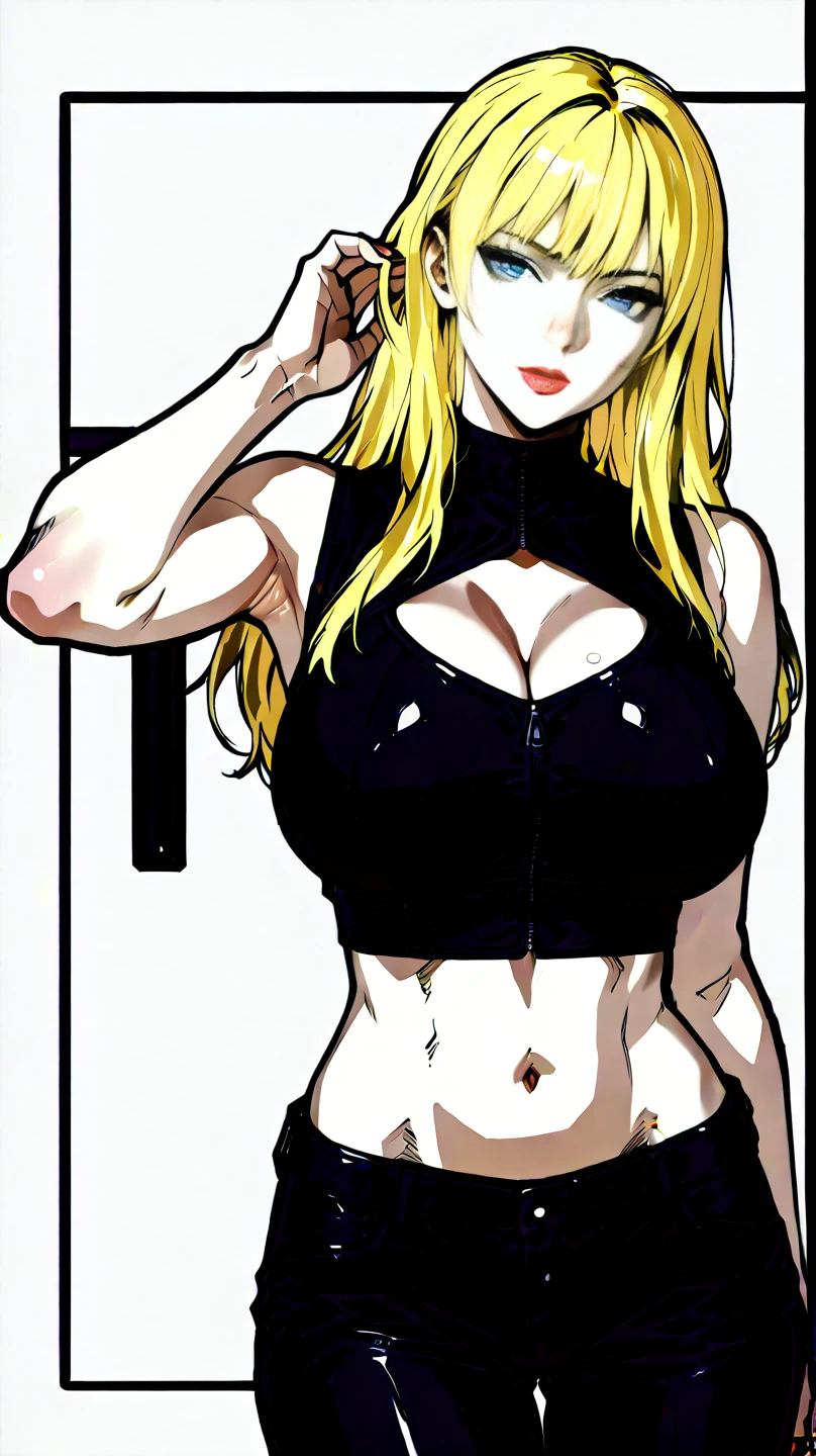 (masterpiece, highest quality, best quality, official art, beautiful and aesthetic: 1.2), (1girl), extremely detailed, (fractal art: 1.3), colorful, highest detailed, perfect face, upper body, HDR, ), vivid visual effects, (dynamic stripes, luminous traces: 1.2), long blonde hair, hellsing, integra, breast focus, breasts, large breasts, bare breasts, naked, nude, boob window, sexy, wide hips, thicc figure, Detailed blue eyes, Detailed face, Detailed eyes, BLACKED, BLACKED UNDERWEAR, BLACKED PORNO