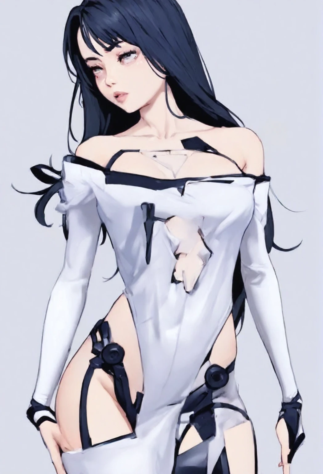 (Ultra detailed skin), pale skin, (super thin hair),(ultra soft hair),(ultra straight hair:1.5),Swept long bangs, (((black Hair))) over one eye,blue eyes, glasses,
black, straight and silky defined hair
long white t-shirt until thighs, (((unbutonned shirt)))

(((White oversized shirt))), naked lower body, torn, mid-chest torn shirt, no underwear
