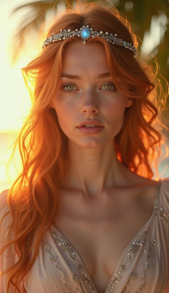 (sharp focus:1.2), photo, anaivan-4600, (beautiful face:1.1), detailed eyes, luscious lips, (cat eye makeup:0.85), wearing (romper:1.2) on a (beach:1.2). (moody lighting:1.2), depth of field, bokeh, 4K, HDR. by (James C. Christensen:1.2|Jeremy Lipking:1.1).