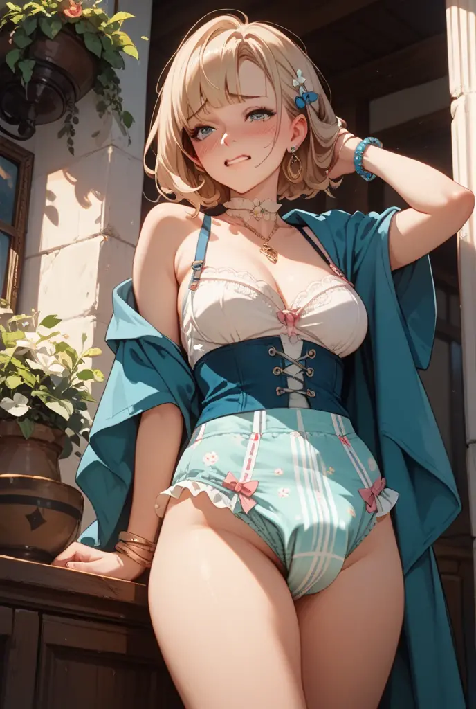 NSFW、In the best quality、Teenage girl standing in a room。In high resolution、Beautiful details、Quiet atmosphere。Blonde ponytail、Cute Smile.。Small breasts、Cute floral blue bra、Wearing cute floral blue panties。