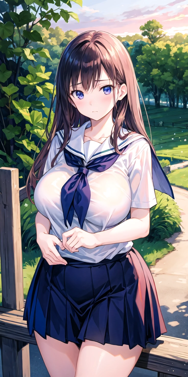 Highest quality,masterpiece, best resolution, nsfw, 1 girl, sailor uniform, topless, huge breasts,pink nipple, belly button,outdoor, blush, standing, horse ears, horse tail