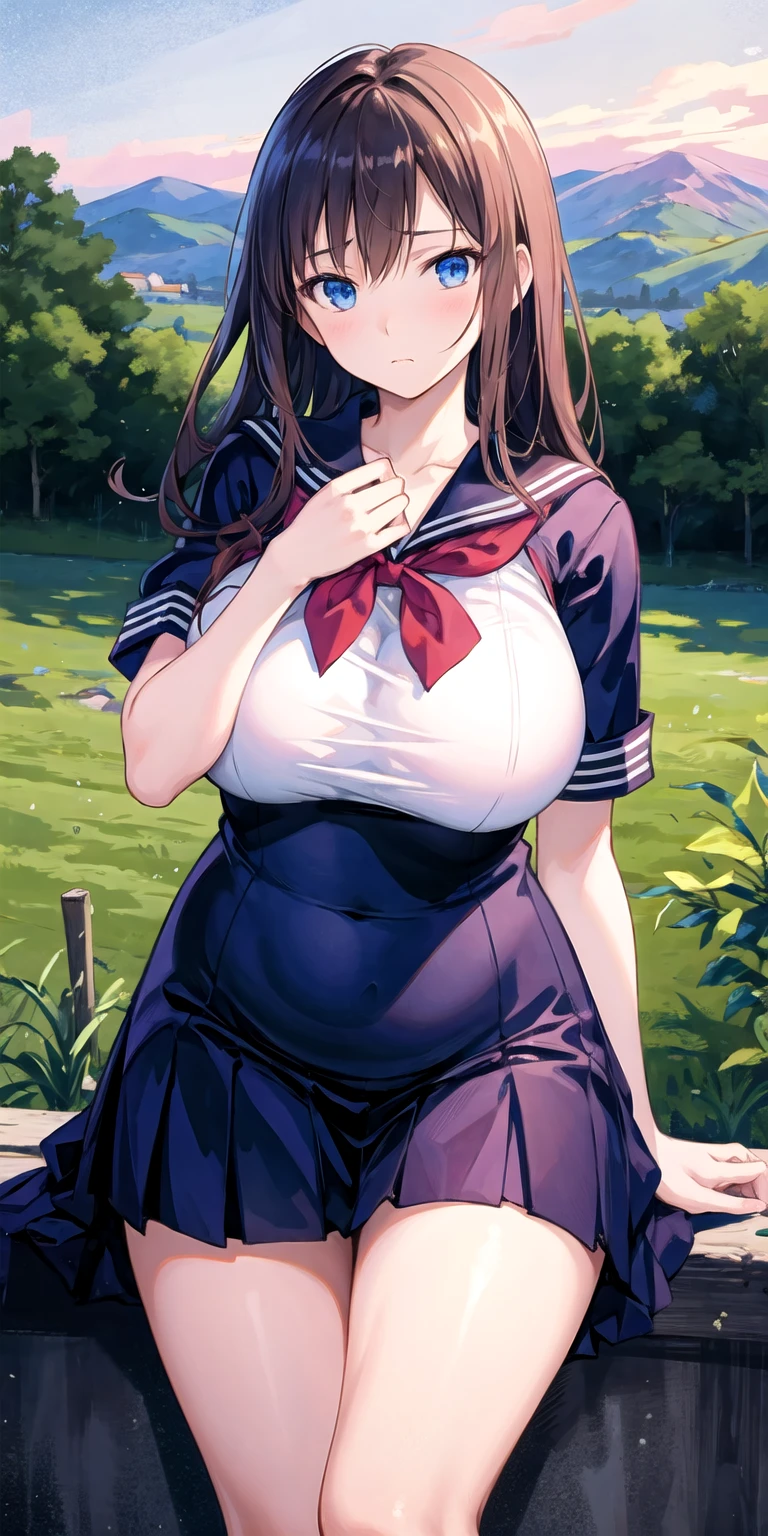 (1girl), (black hair:1.1), (braid:1.1), (glasses), (purple eyes), (smile), (large breast), (Intricate Iris Details), (outdoor), (looking at viewer), (visible through clothes), (Wet clothes), (bra:0.8), (School uniform), (Skirt), (on back)