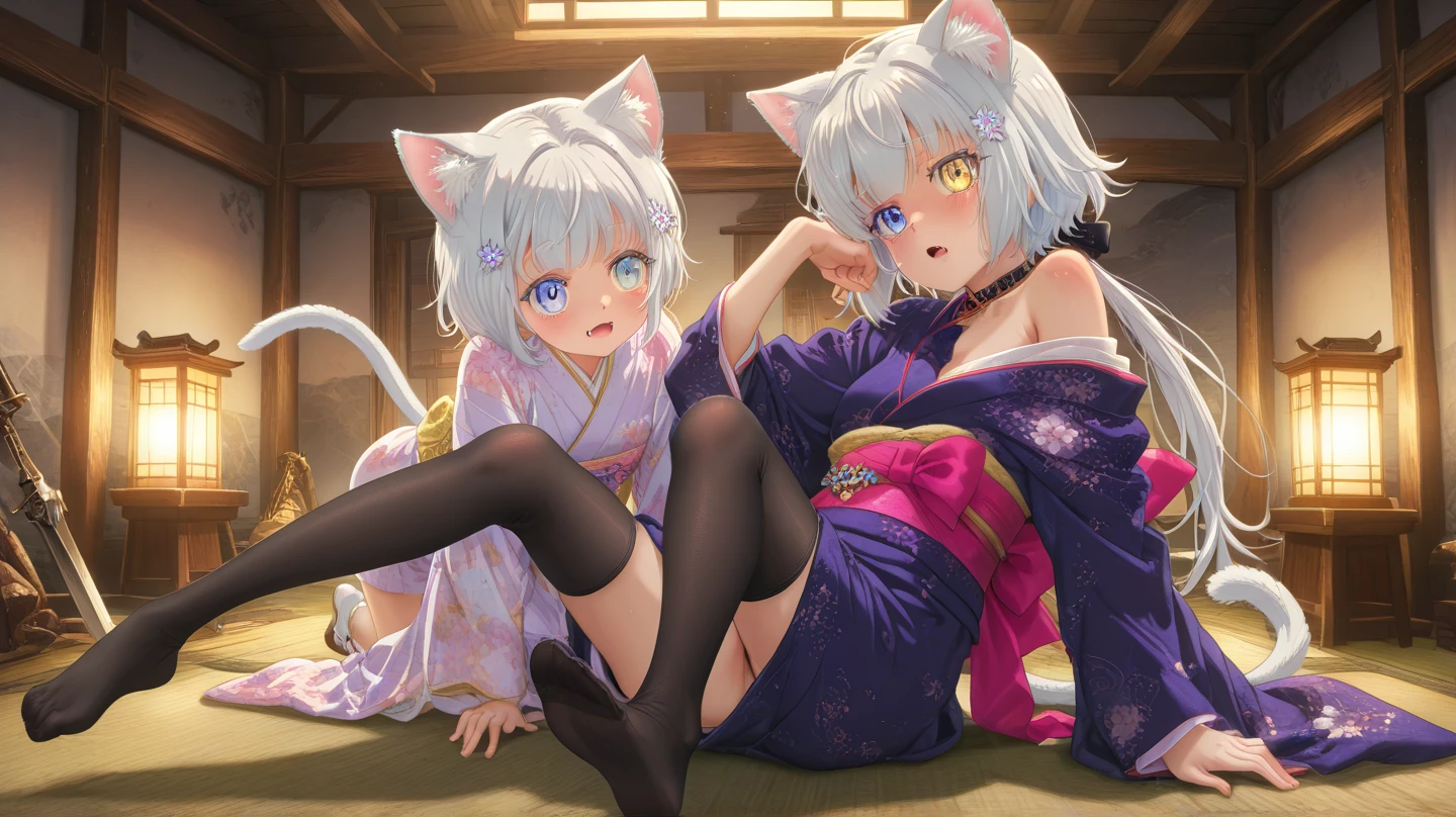 (8K ,Ultra-detailed,Super real photoest masterpiece,Nature,perfect work of art,perfect female body),two women,mother and daughter, maternal desire,rainbow hair,(huge tits),neighbor wife,woman hairstyle,elegant wife,in bedroom,Exquisite and ,Wear revealing kimono,super short kimono,Wearing a low-cut, off-the-shoulder kimono,T-shaped small,huge tits big,naked leg,full body shoastic muscles,raised raised raised,Obscenity exposed ,