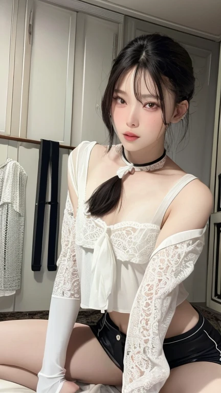 Tabletop, highest quality, figure, Very detailed, In detail, High resolution, 8k wallpaper, Perfect dynamic composition, Beautiful fine details,Wavy long hair,Small breasts、Natural color lip, Bold sexy pose,smile,Late night office、20-year-old girl、Very beautiful face、Subjects striking sexy poses for the camera,Sculpture model pose、Loose lace lingerie