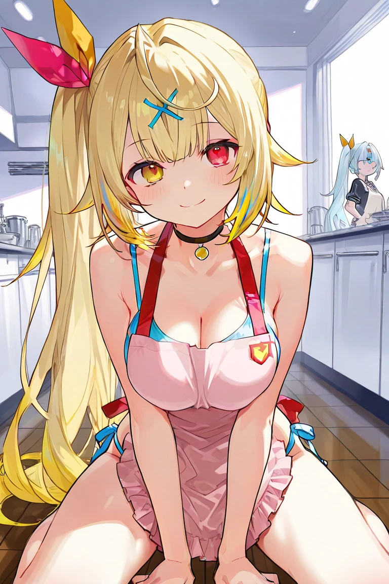 masterpiece, Highest quality, High resolution, 6 Star Costume, 1 Girl, alone, kitchen, smile, Embarrassing, blonde, Striped micro bikini,
