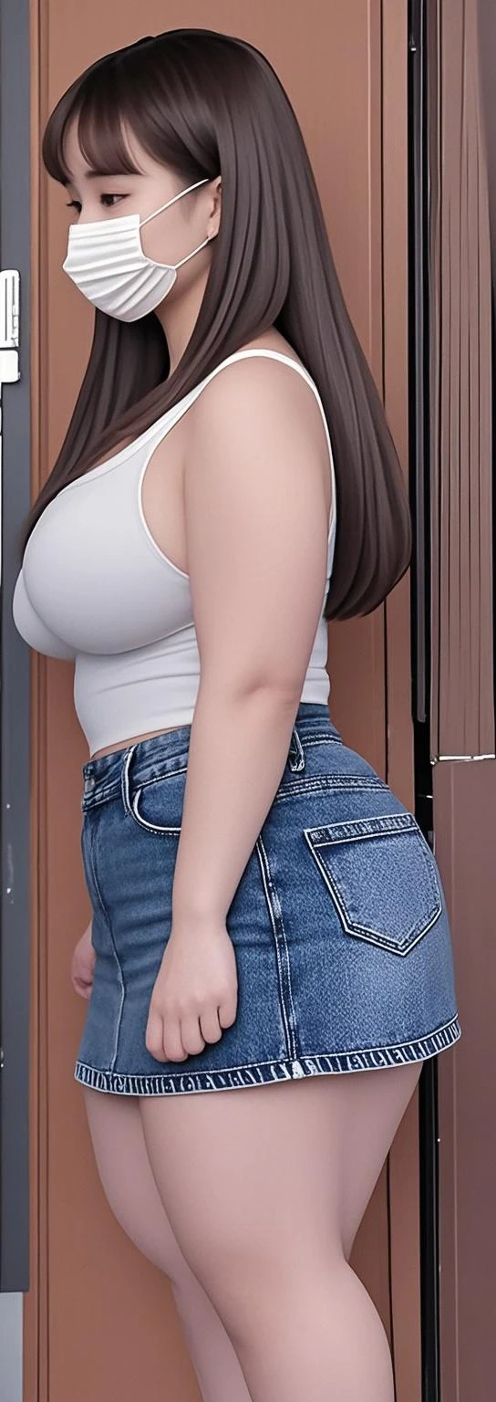 21 years old woman with gray eyes, white long hair, mustard top, shirt denim, big tits, big legs,