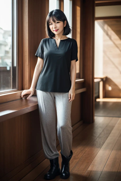 ((highest quality)), ((8K)), ((masterpiece: 1.3)), (Photorealism: 1.6), (Japanese mature women standing and talking), (Bright and spacious entrance hall with glass walls: 1.4), (The background is blurred: 1.8), (A woman standing facing diagonally forward: 1.4), (Angle from the feet: 1.4), (A man stands opposite a woman: 1.4), BREAK(Man in the back: 1.4),BREAK (46-year-old woman), (Perfect looks), ((Realistic skin texture)), (Fine lines all over the skin), (Dull skin), (Facial wrinkles), (Wrinkles around the eyes), double eyelid, Tear bags under the eyelids, (Laugh with a scrunched up face), Short bangs, Short Hair, (Smooth: 1.6), (Plain T-shirt: 1.2), (Wide-leg trousers), (High heels),