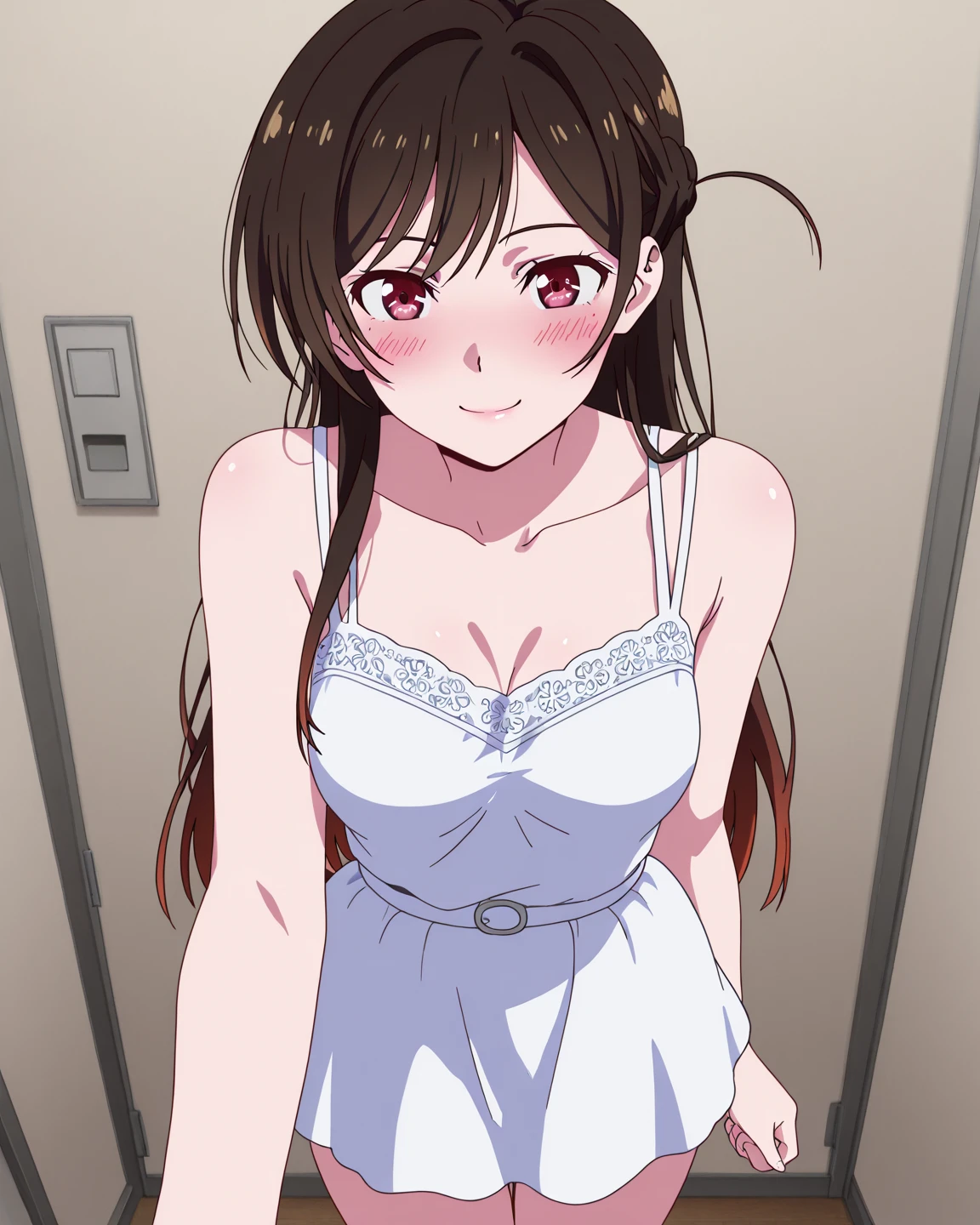 (looking away:1.5),leaning forward 、Shooting from the front、upper body,Realistic, real person, (pale skin: 1.2), RAW photo, photorealistic, shiny skin, shiny hair、 (A 25-year-old woman with medium-length hair and bangs) and (wavy hair) and (brown hair) and (Orange Eyes), The background is the washroom,(pink tank top)、opening the door