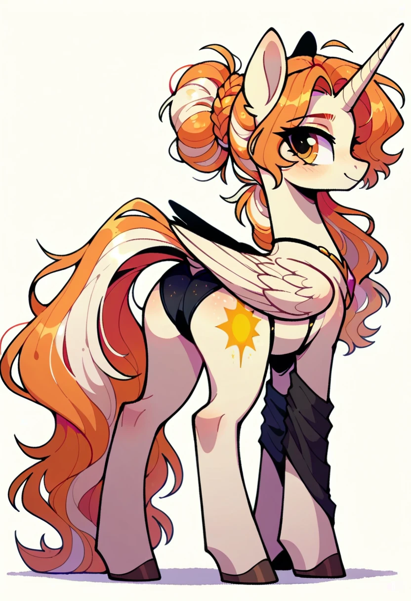 red hair, white body, red eyes, long hair, sky face, stockings, shy pose, panties, cameltoe, behind view, (my little pony), school underwear, blush on ass, seductive pose, big ass, big breasts