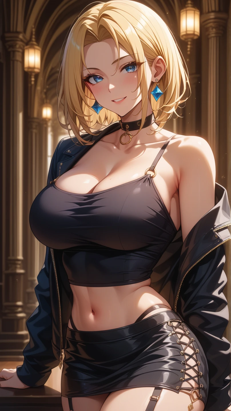 Golden hair，short detailed hair，bit girl，10years old，年轻，short，Close-up，cleavage，Off-the-shoulder attire，sportrait，Green eyes，Tokyo at night，street corner，Black bra，Black leather pants，ssmile