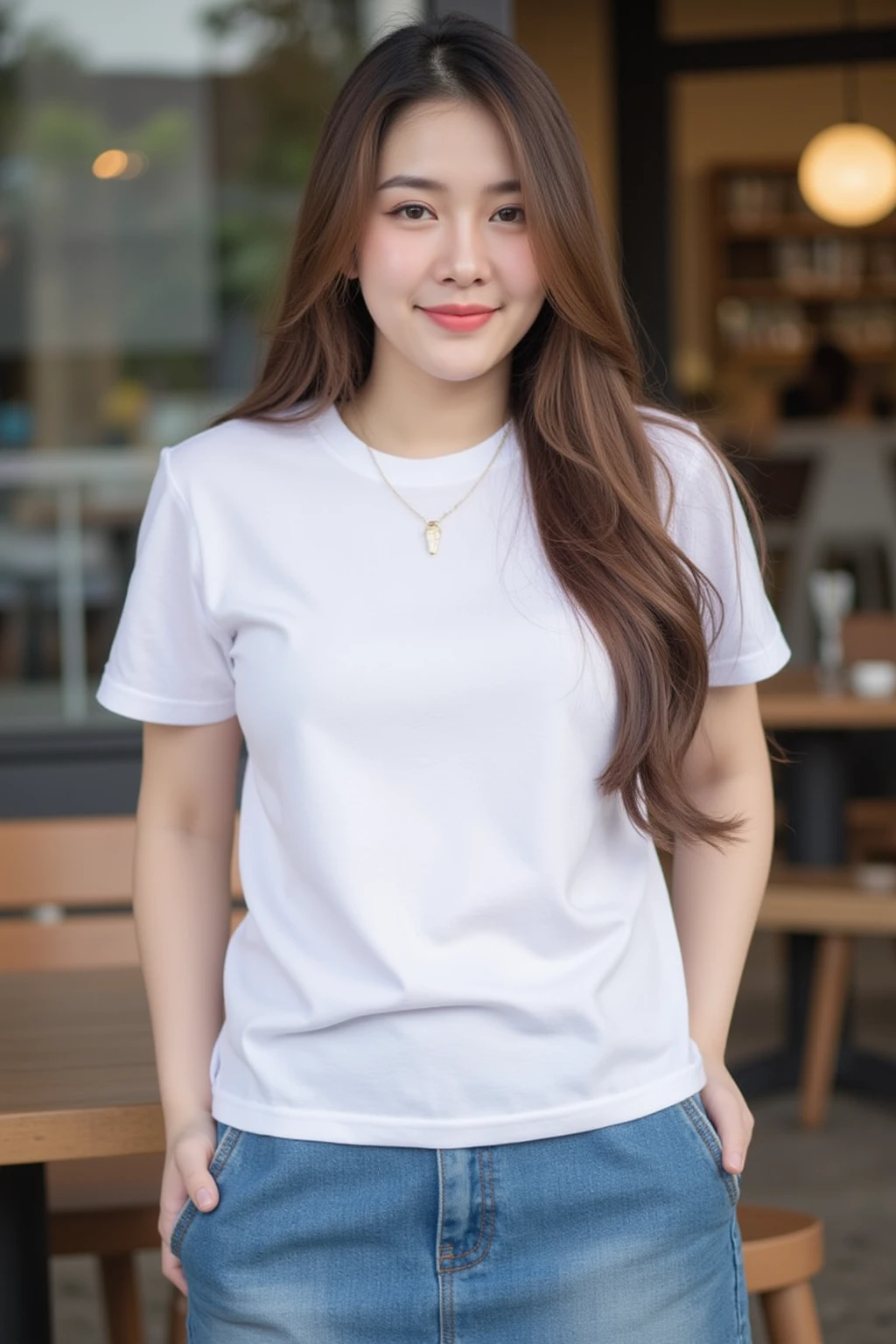 Tabletop、Highest quality、Genuine、Very detailed、finely、High resolution、8k wallpaper、One beautiful woman、light brown disheveled hair、Sharp focus、Perfect dynamic composition、Beautiful and detailed、Thinning hair、詳細なGenuineな肌の質感、smile、Close-up portrait、Model body type、smile、29-year-old Japanese woman、White short-sleeved T-shirt、Black wide pants、Black shiny enamel belt、necklace,White Tote Bag,Straight Long Hair, Natural color lip, Random sexy poses,In front of a cafe near Tokyo Station,The whole body is shown from the front,Anatomically correct body,