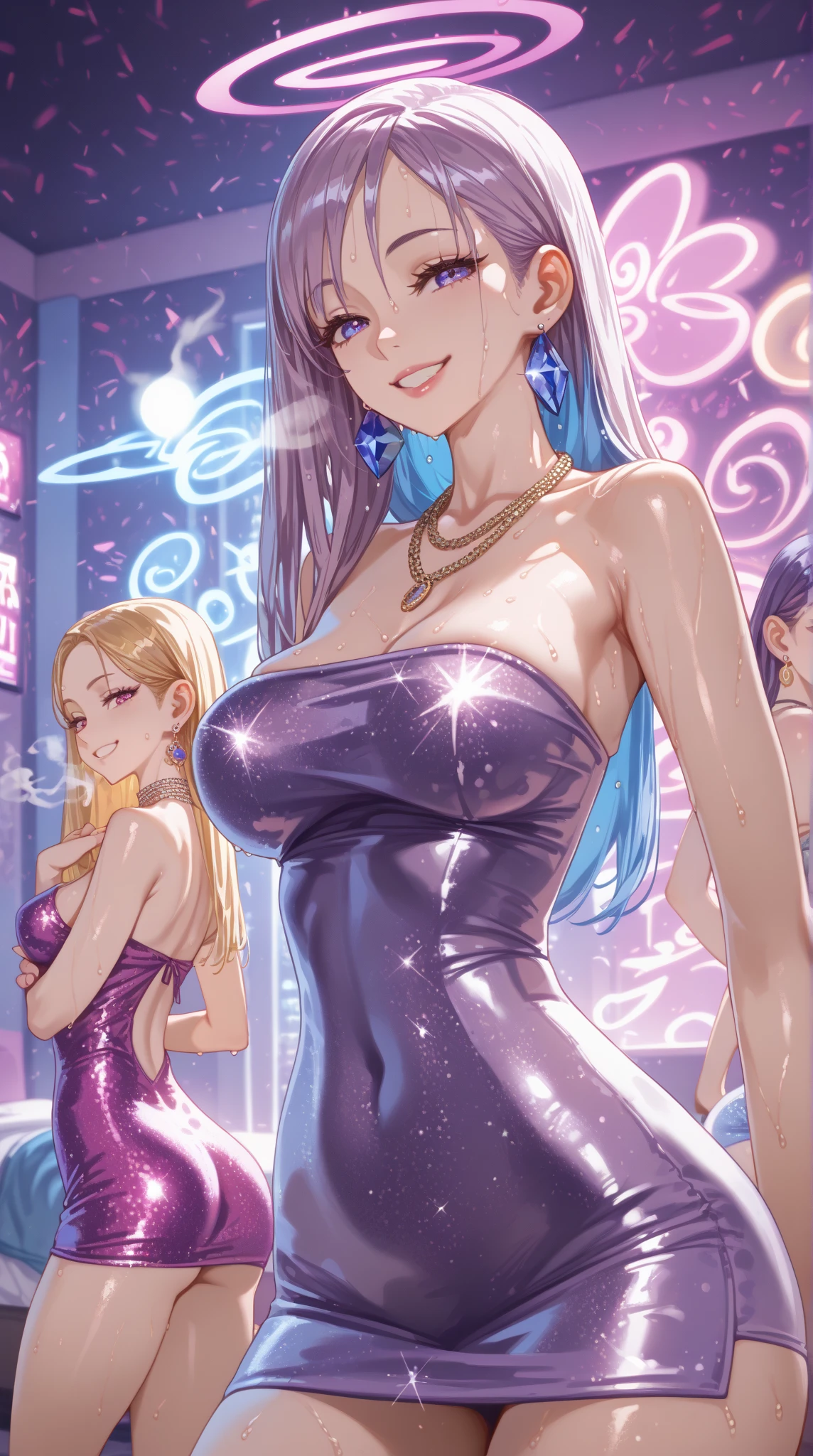 Two girls standing in the park at night,Clear sky in the background. Park benches and soft lighting, Rear photo, (Side photography), looking back at the viewer, (Masterpiece), ((Ultra-detailed)), (Highly detailed), (Expressionless), (Best quality: 1.2), 8K, hdr, A high resolution, absurderes: 1.2, Object perspective, Blurred background, Bokeh: 1.1, Lens flare, (vivd colour: 1.2), High quality texture, Detailed texture, High-quality lighting and shadows, a face with perfect proportion, full bodyesbian, Mature and excited body, Detailed skin texture, vibrant, pale and radiant skin, natural saggy breasts, gigantic bosom: 1.5, High waist, Narrow waist: 1.3, Wide hips, Full buttocks, Detailed beautiful face, (PureErosFace_V1:1.3)(Ulzzang-6500:0.4) Detailed beautiful eyes, Symmetrical eyes, Perfect eyes, Seductive eyes, Beautiful nose, High nose, Clear blush, Detailed lips, Earrings, hoop earings, necklace, jewelry, Sapphire heart necklace, Silver-toned high-heeled sandals, Seductive expression, Smile, Perfect hands, Delicate and beautiful fingers, Detailed beautiful legs, photo-realistic hair, detailed hairs, (Silver dress, Red dress, Blue dress), Chisato Nishiki, Long hair, Blonde hair, (Red eyes: 1.5), Hair ribbon, Bob cut, Red hair ribbon,),gigantic cleavage breasts,Japan goddess,