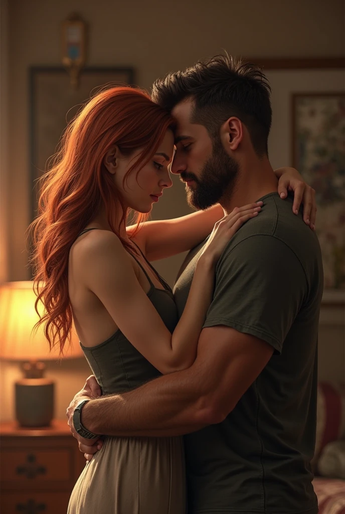 209 cm tall, 29-year-old, attractive man with black short layered swept back wavy crew cut hair, short black facial hair, Mediterranean-Native American features, no tattoos, black t-shirt, black cargo pants, hip shot, kissing much shorter woman 170cm tall light skin and vibrant maroon hair as they sit on a bed, photorealistic, cinematic