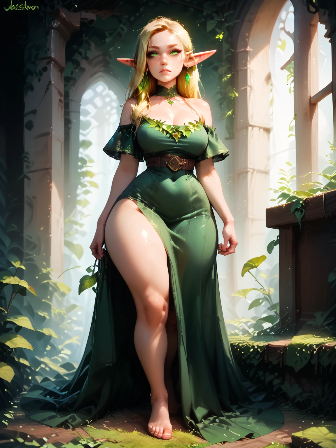 beautiful 1girl, redhead, perfect body, full body shot, 2 braided braids, big green wizard hat, big breast, nude, standing in a room with plants, big green (anime eyes:1.1), (soothing tones:1.25), (hdr:1.25), (artstation:1.5), (intricate details:1.14), (rutkowski:1.1), (faded:1.3), (muted colors:1.3), (illustration:1.3)