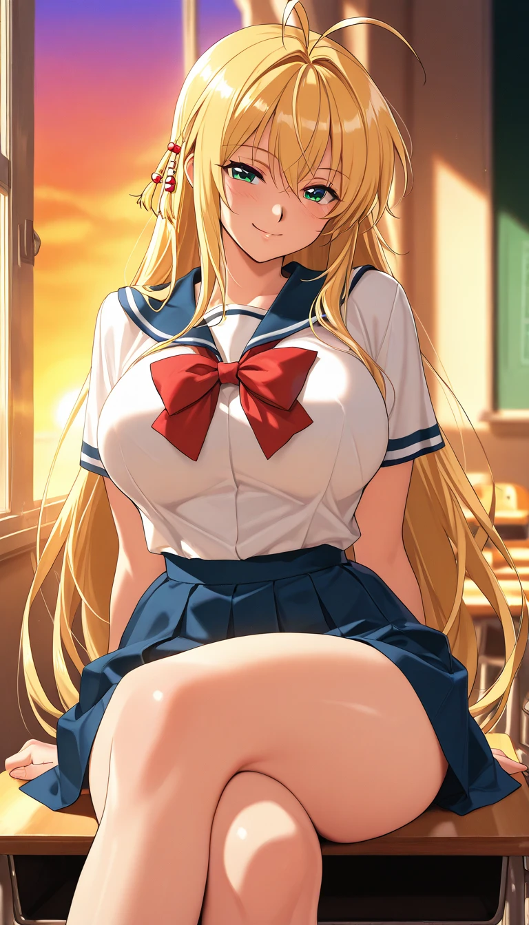 (Anime works, Anime Style, Studio Anime, Very detailed, Latest, Vibrant, Anime Coloring, High Contrast, masterpiece:1.2, Highest quality, Best aesthetics), A woman wearing a sailor suit, Pleated skirt,Skirt flip、 Big Breasts, hair accessory, Thighs glimpsed,White see-through panties、 blonde, Straight long hair, Perfect proportions, Skin with attention to detail, cute, Detailed face, Random sexy poses, School classroom, Accurate Fingers,