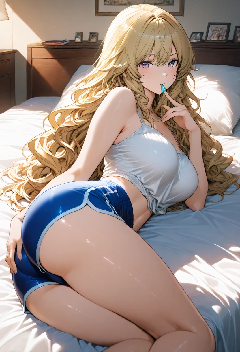 Super detailed、highest quality、Best image quality、masterpiece、8K、Anime Face、A kind smile、Open Mouth、Sparkling Blue Eyes、(Long blonde wavy hair:1.5)、Heavy bangs、Wearing a maid headband、(SFW huge body)、(((Rear view)))、Cowboy Shot、(Wearing a white thong:1.3)、Muscles of the whole body、Kneel、(fold your hands:1.2)