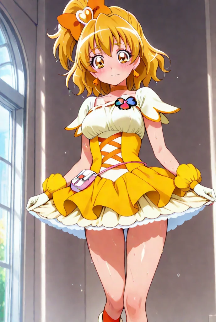 1girl, full body portrait, wearing yellow dress, crown, princess, large chest, breasts, cleavage, ( adult), (tall), short blonde hair, heart shaped bangs, spiky hair, ahoge, blue eyes, smiling, [laughing], eyes closed, mouth open, masterpiece, 4k
