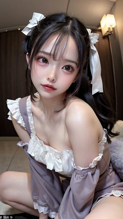 Highest quality, masterpiece, look up, cute,(((Beautiful maid girl))),((Small breasts)),Baby Face,(Maid clothes),Black Hair,Bobcut,Beautiful Style,((Pale skin)),Sensual look,Embarrassed,Sexy expression,Expressions of delight