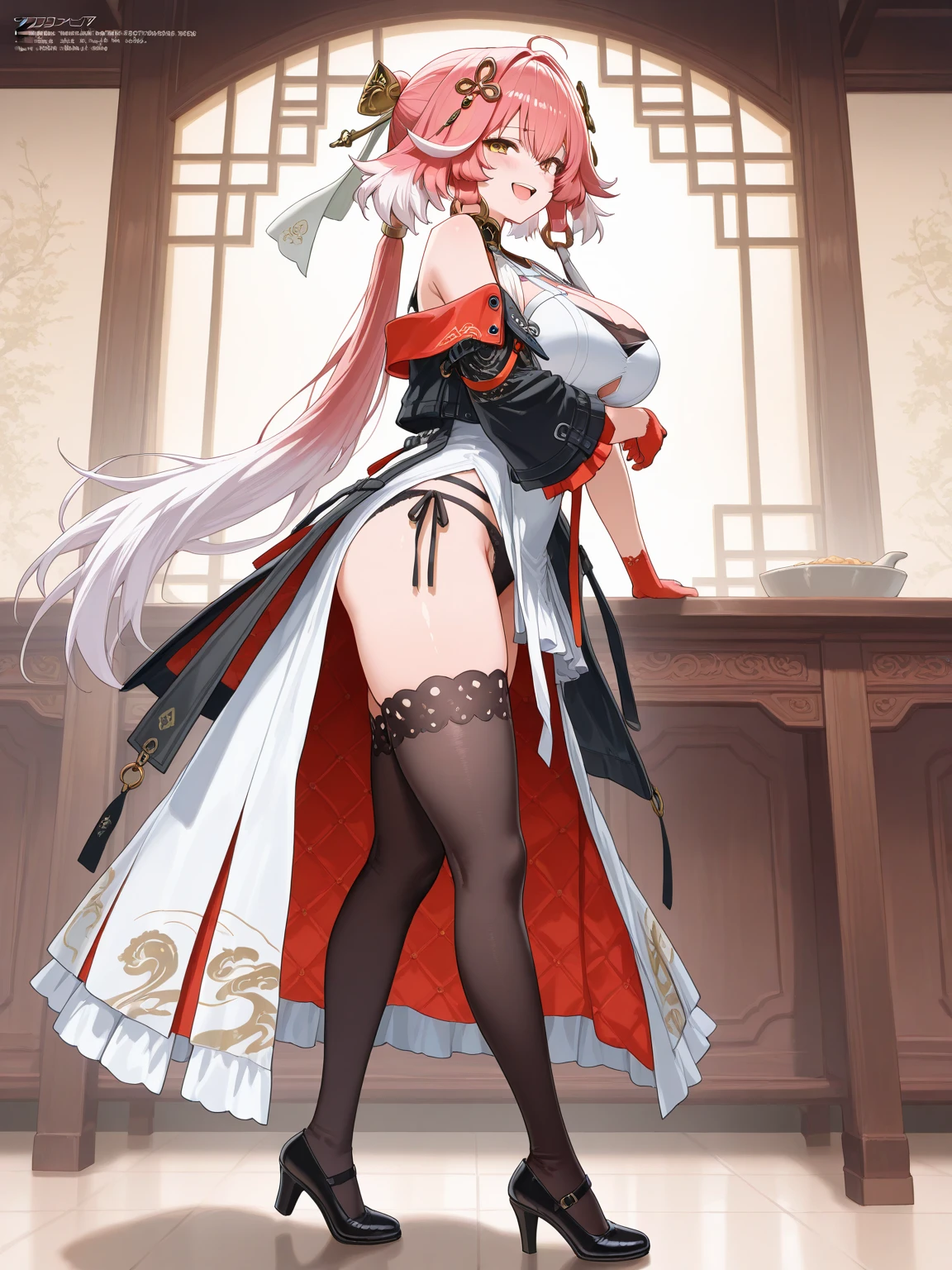 A white-haired beauty,Be red in the face,roll eyes,Kneeling,blacksilk,long braid,Big breasts dew meat