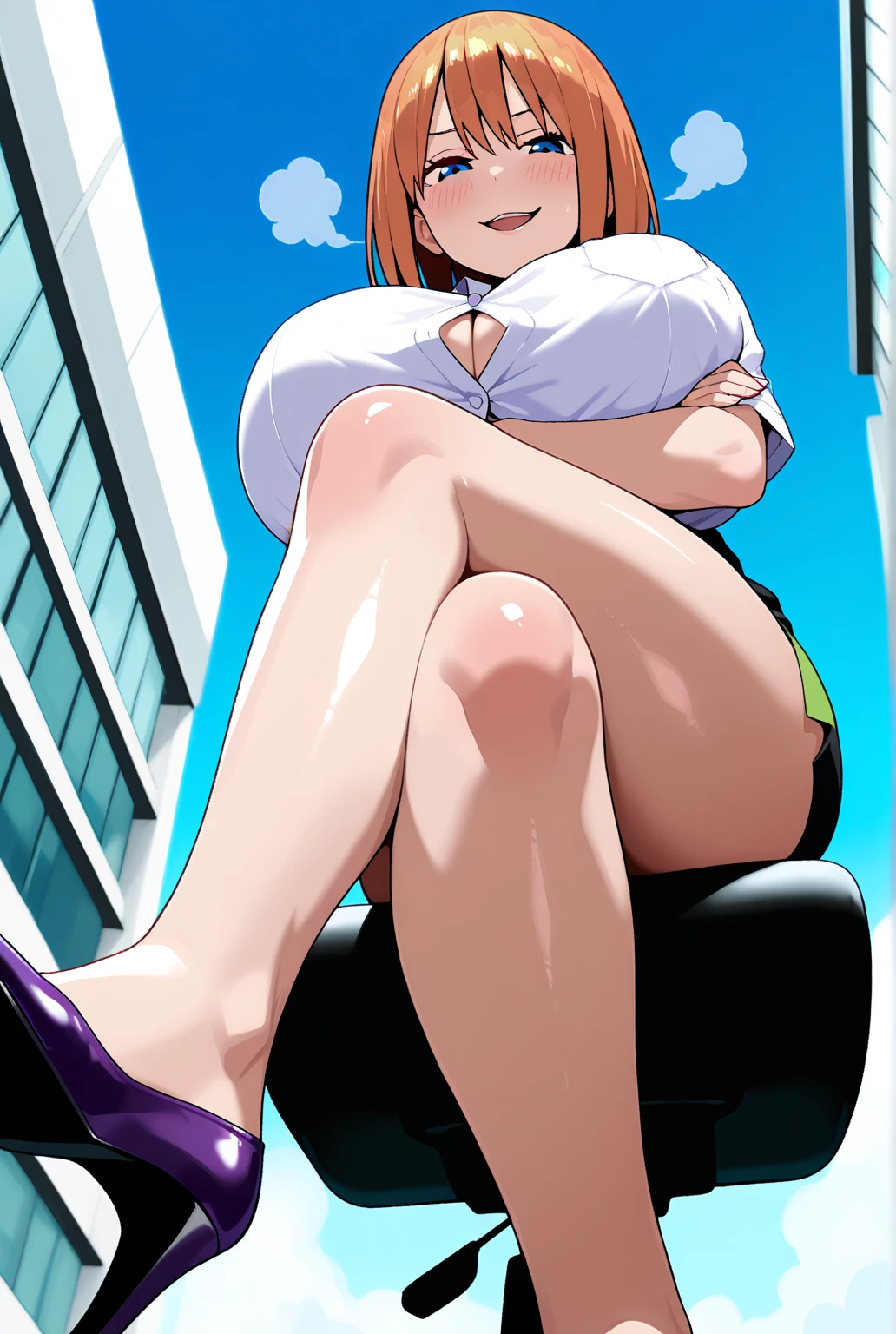 masterpiece, best quality, Ultra-high resolution, Beautiful and fine hair,Delicate face, Perfect female face, Double ponytail hairstyle, Black Hair, (:1.4), Breast sagging, Huge cleavage,Mai Shiranui'Costumes in the King of Fighters game, Hair accessories,(:1.8), Breast sagging, Huge cleavage, Squeeze the accessory breast outward,Chest compressions,Face flushed with shame,transparent,Sitting on the pink bed,Just finished taking a shower,open mouth,Hold your hand by your mouth,Tights