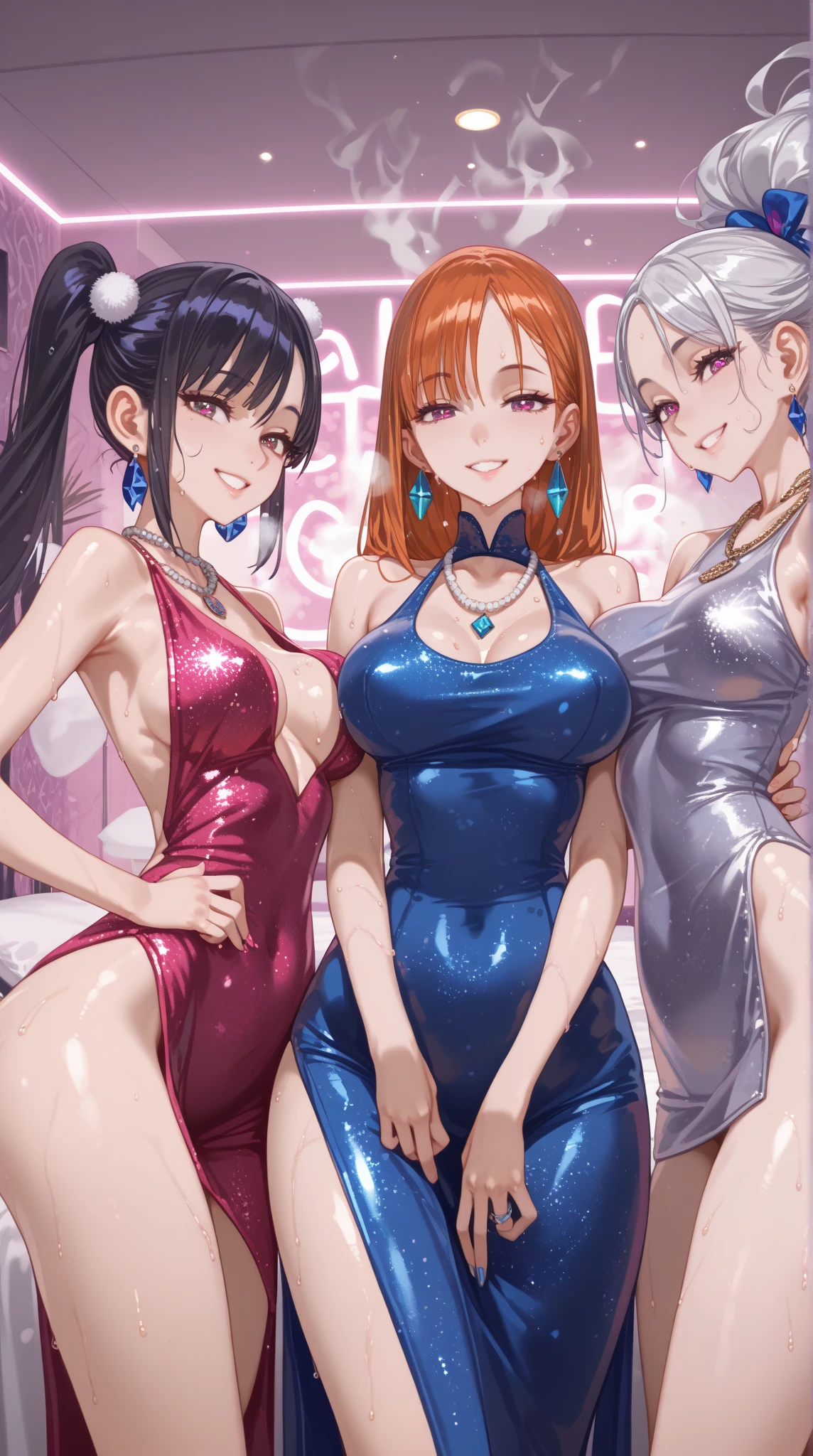 masterpiece, formal, (Four Girls:1.4), (Mature women standing in a row。:1.4), (Bodycon, Micro Dress), (Detailed pupil, Perfect Eyes:1.2), (Highly wrinkled, shiny clothing that reflects light:1.2), Sparkling, Sparkling輝く金色, (Hoop Earrings), necklace, latex, Glowing Skin, Attractive perfect female proportions, Captivating smile, Detailed surface texture, Wicked Smile, (venue)