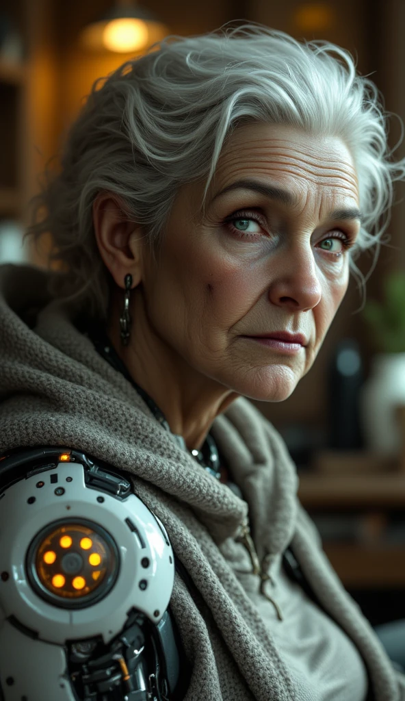 profile、female Stormtrooper、50 years old, gray hair, Upper Body、Simple Background、solo、Large Breasts