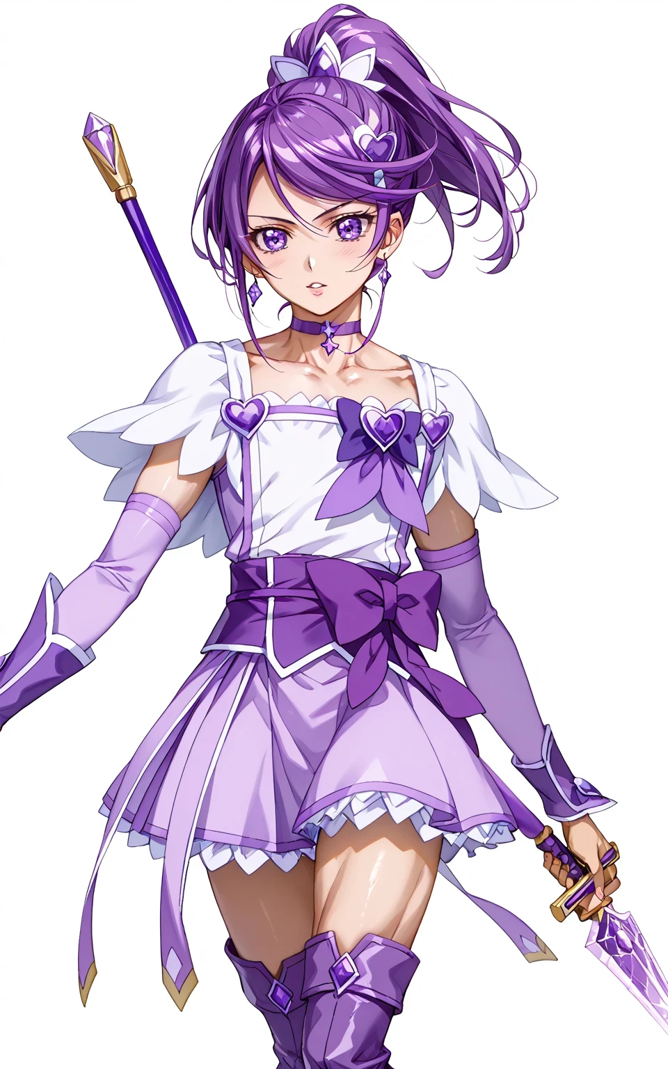 score core 8 up、score 7 up、source anime、傑作、Best quality、Best resolution、anime coloring、1boy、cure sword is a boy、(male:1.5)、solo、boy is wearing a purple dress、short purple hair boy、sparking purple eyes、high short ponytail hair、spade shape hair ornament、solo、amethyst prince、anime prince、 purple mini skirt、collarbone、trapezius、white shoulder pads、purple neckwear、purple choker、purple Arm warmers、purple detached sleeves、purple waist bow、bare thighs、thigh muscles、semitendinosus muscles、covered hamstrings、covered adductor magnus muscles、purple thigh high boots、official character art、style of magical boy、masculinization、magical boy、 official fan art、 !!Full body portrait!!、 magical boy style、 王子としての王様讃美歌、 MLP fan art、cure sword outfit、詳細な fan art、 magical aura、purple thunder aura、Best resolution、 commission for Best resolution background!、boy is wearing a white and purple dress、boy wearing purple boots、anime boy is wearing a nice dress、(manly:1.5)、official art、anime boy、male focus、looking at viewer、solo focus、cowboy shot、(male body:1.5)、