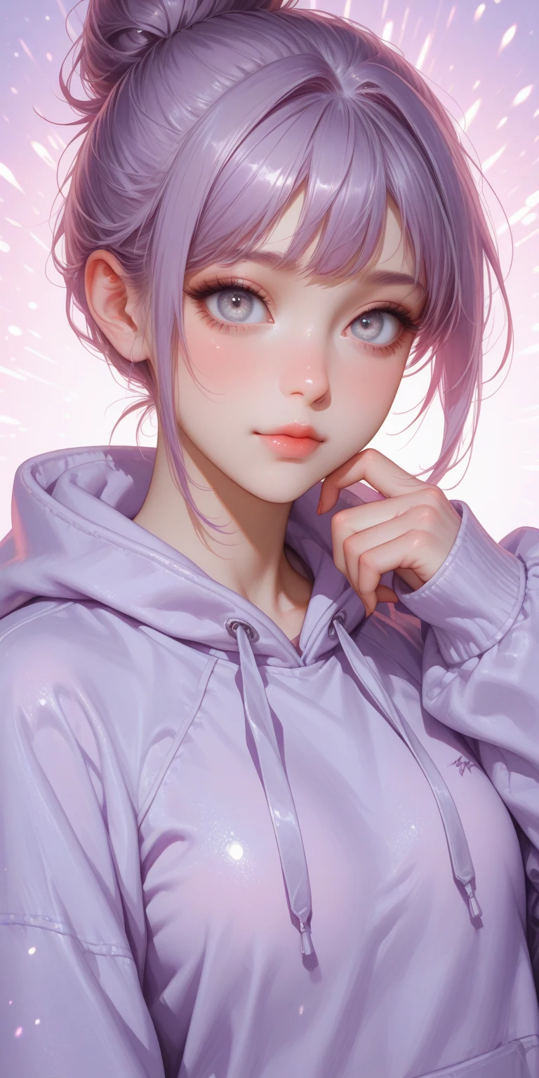 (mature woman:1.3), adult, solo, Pink short hair, purple eyes, medium chest, blush, smile, (white hooded sweatshirt:1.1), (cat ears on hood:1.1), (white panties with ruffles:1.1), (hands near face:1.2), (masterpiece), (high quality), (best quality), (detailed), hd, perfect lighting, detailed face, detailed body, full body,