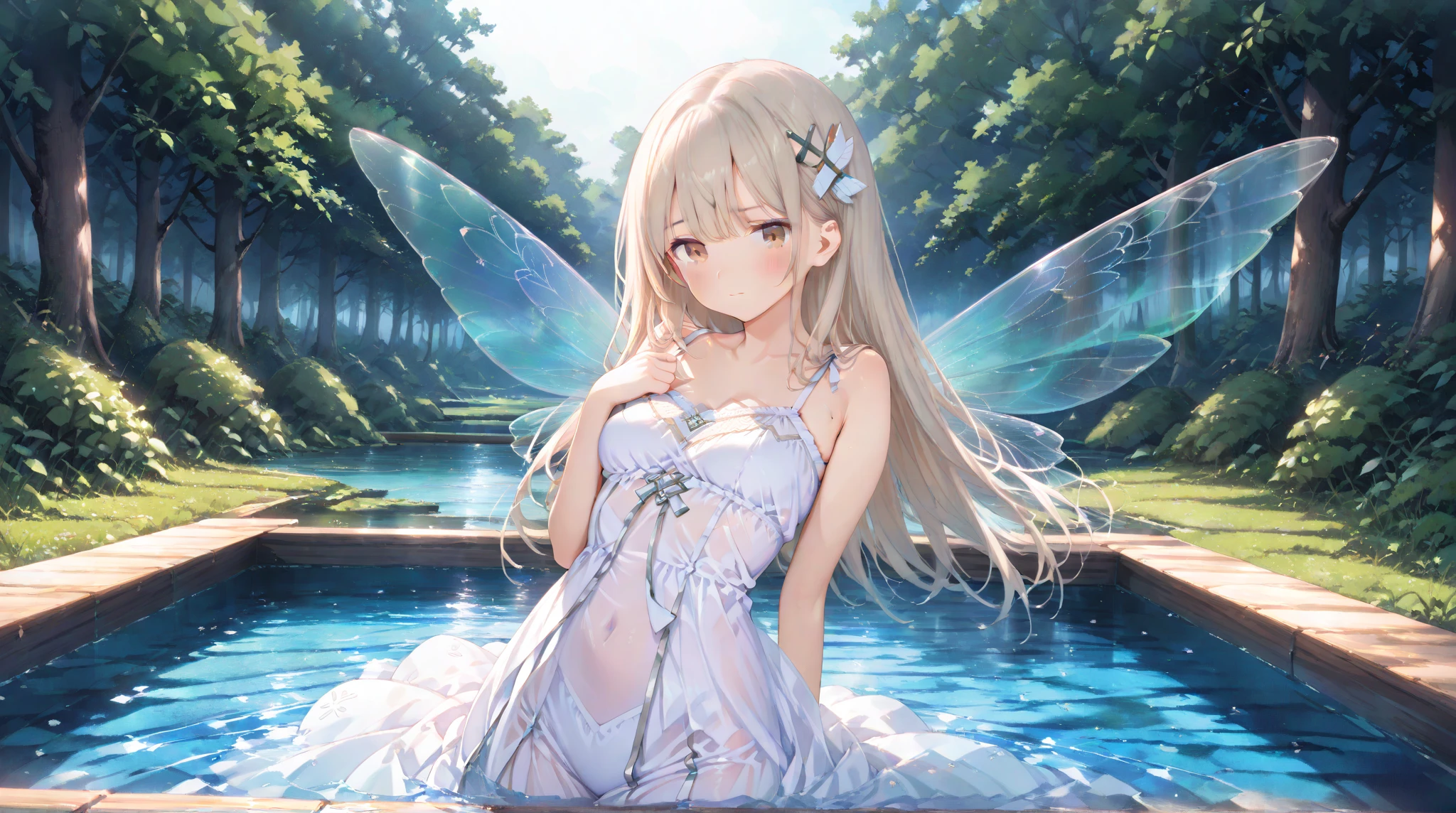 caustics, high details, high quality, sparkle, pastel colour, 1girl, fairy, fairy in fantasy, girl with wings on her back, big wings on the back, 4 fairy wings, (4 fairy wings of water with CGI effect), sister, small, cute, smile, blush, open mouth, beautiful girl, looking at the camera, shiny hair, light brown hair, very long hair, long hair that reaches the butt, blunt bangs, straight hair, half up pigtails, long ears, white long ribbon, blue eyes, droopy eyes, beautiful eyes, sparkling eyes, flat chest, curvy, beautiful stomach, belly button, beautiful thighs, pale emerald green dress, see-through dress, strap dress, gold trim dress, pale emerald green panties, side string panties, gold trim panties, barefoot, golden bracelet, golden ankle bracelet, luxurious gold necklace, golden earrings, Transparent wings, insect wings, Plains of white flower, pale sunlight, on the lake, petals dancing in the wind, hair blowing in the wind, colorful flowers, shoot from above, full body shot, front view
