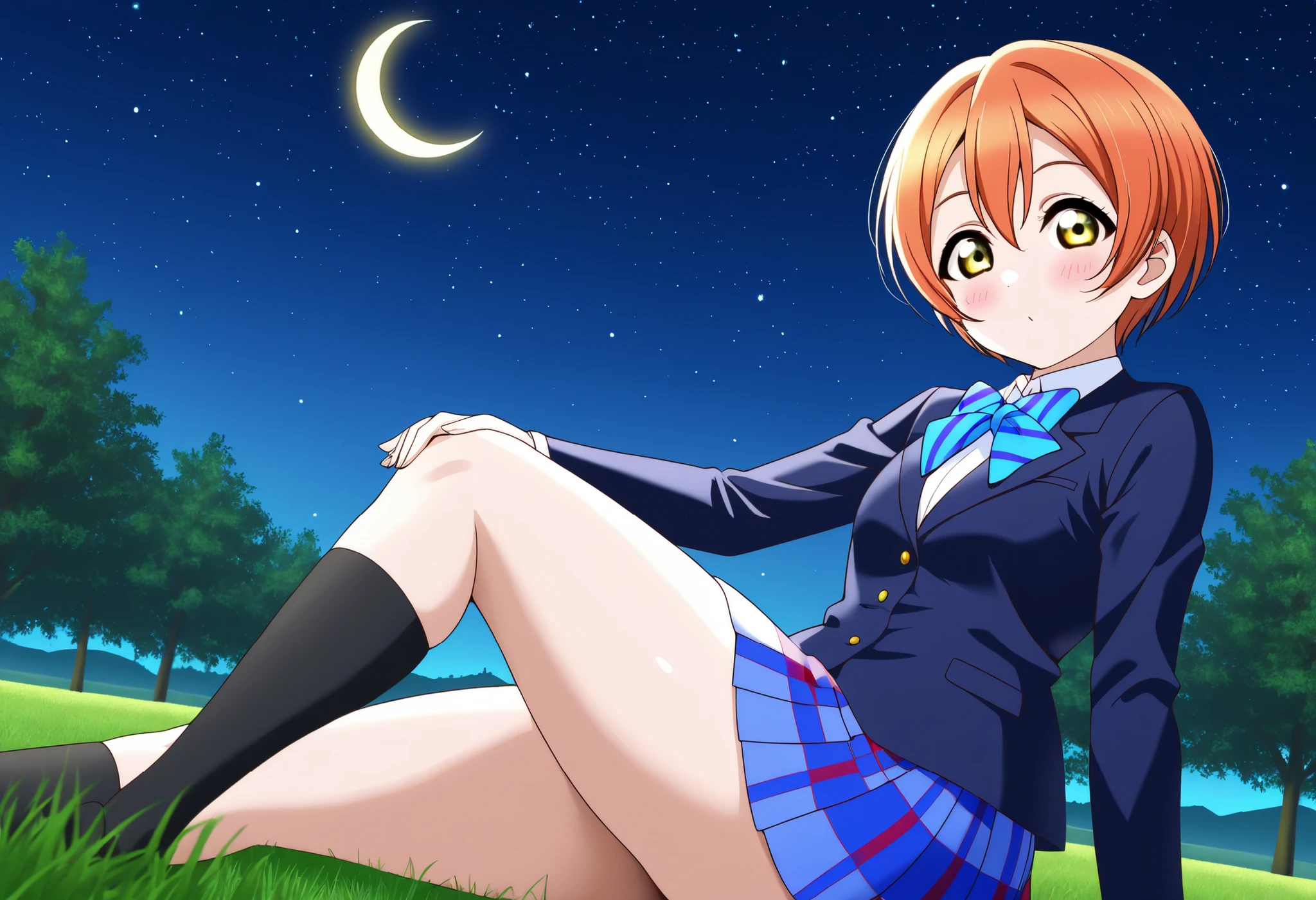 1girl, hoshizora rin, striped, short hair, blush, otonokizaka school uniform, lovelive_rin black blazer, blue plaid skirt, blue stripe bowtie, orange hair, very short hair, hair between eyes, yellow green eyes,thick thighs,knee up,crescent moon, stars (sky),looking at viewer,outdoors, sky,grass,tree,