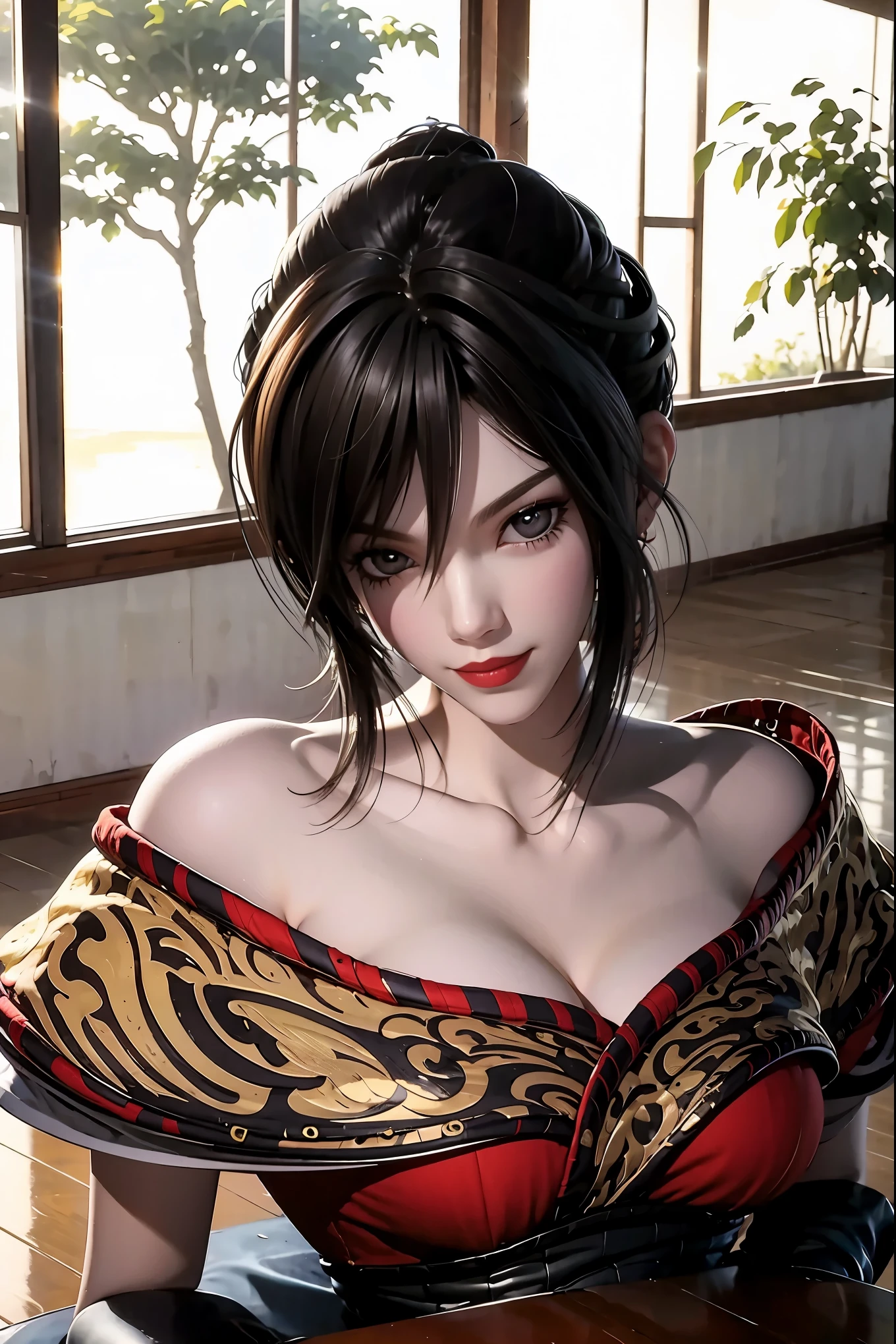 Top Quality, Masterpiece, Ultra High Definition, (Photorealistic: 1.4), Raw Photo, 1 Girl, Dark Hair, Glossy Skin, Dramatic Lighting, Full Body,, Red Dress, Colossal, naked yukata, upside down lying