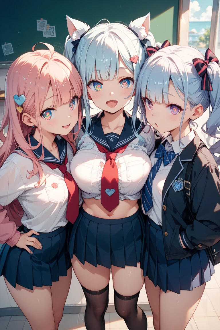 Best Quality,masutepiece,look down on, Upper body,Strands of hair,lightblue hair,white hair,Pink hair,Classroom,tiny chest、red blush, Bow, Red bow, Long sleeves, Shirt, Collared shirt, Skirt, Pleated skirt, Black skirt, tiny chest、looking at the viewers, BREAK (masutepiece:1.2), Best Quality, High resolution, Unity 8k壁纸, (Illustration:0.8), (Beautiful detailed eyes:1.6), extra detailed face, Perfect Lighting, extremely details CG, (Perfect hands, Perfect Anatomy),A smile、(Skirt lift:1.3), (White panty:1.3)、(Skirt that rolls up:1.3)、(Fully exposed panties:1.5),(Multiple girls)