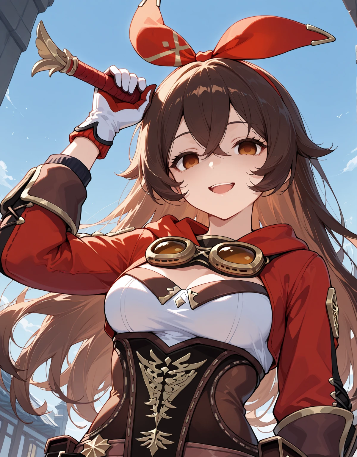 best quality, masterpiece, highres, solo, {amber_genshin:1.15}, long_hair, brown_hair, bangs, ribbon, hair_ribbon, hair_between_eyes, red_ribbon, breasts, smile, brown_eyes, blush, cleavage, goggles, open_mouth, medium_breasts, 1girl, looking_at_viewer, goggles_around_neck, hairband, simple_background, white_background, long_sleeves, yellow_eyes, upper_body