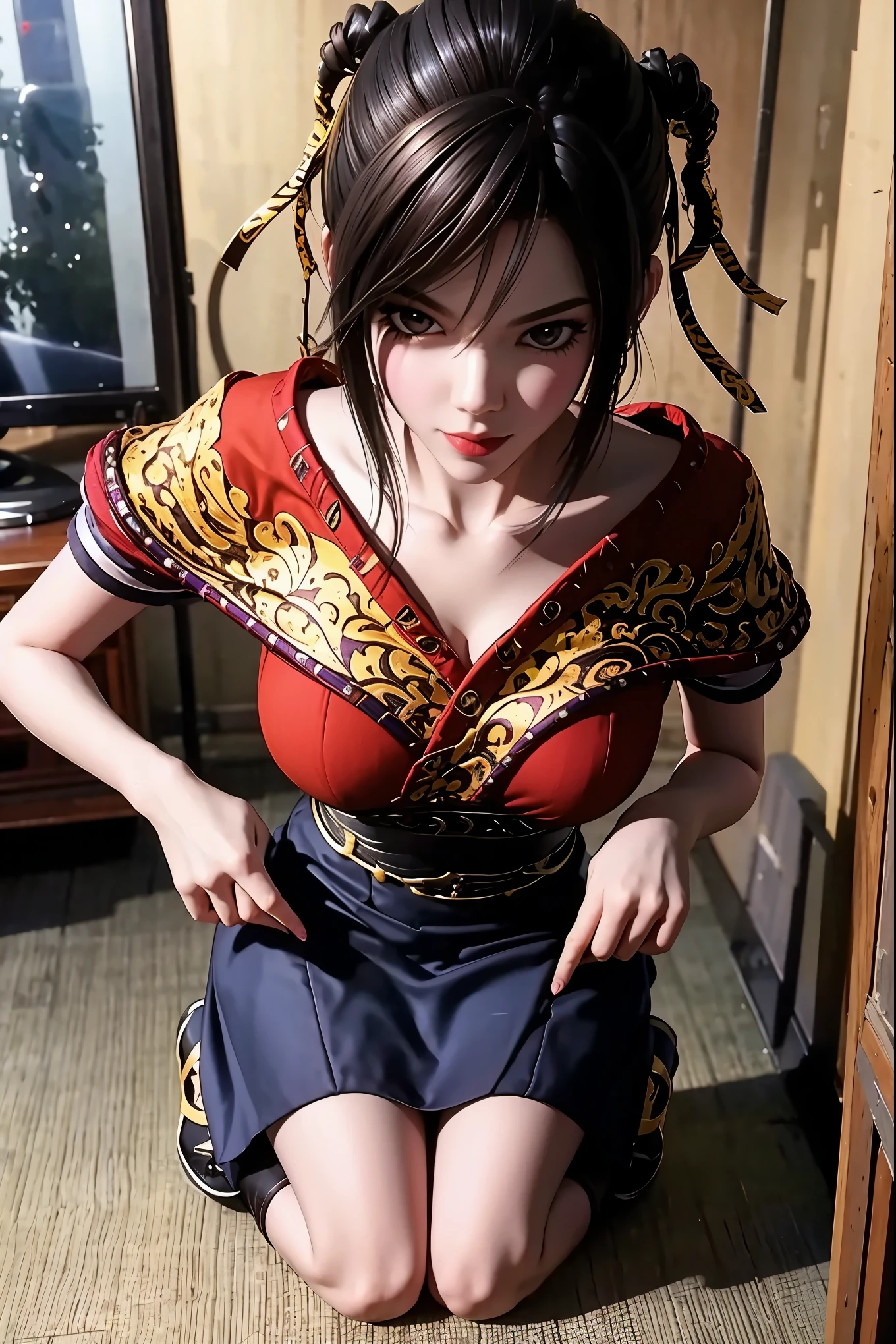 <lora:chilloutmixss_xss10:0.2>,<lora:ArknightsChen5concept_10:1>,best quality, ultra high res, (photorealistic:1.4,full body shot,cowboy shot:1,elevation angle of view), 1girl,(china dress, red Cheongsam, chinese new year),nice detailed eyes, outdoor,cityscape, strong rim light, intense shadows, rainy days, night, detailed eye makeup, puffy eyes, solo, (busty), (cleavage),(smirk, serious:1 ), (looking at viewer),standing,chen,(long hair,hair bun, hair bun, ),(Arknights),depth of field,detail face, shiny skin, nice detailed eyes, heavy eye makeup, slim waist, blush, detailed eye makeup, solo