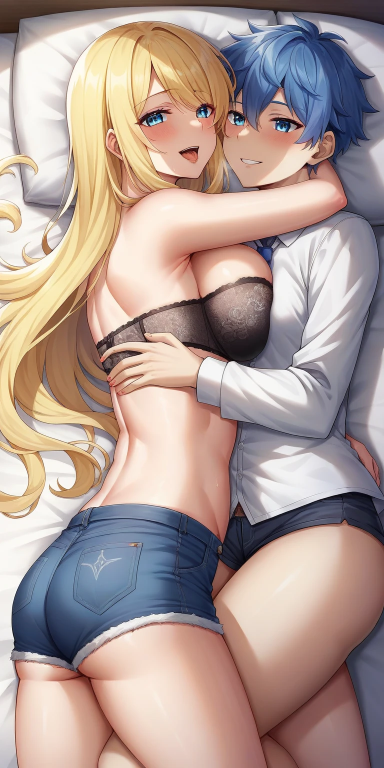 Uma imagem colorida em estilo anime de dois personagens, They're lovers. They're having sex in different positions! One of them is male and is apparently 29 years old, branco, corpo atletico (Not much), barba cheia, olhos castanhos escuros, cabelos castanhos escuros repartidos da esquerda para a direita com leve topete e sobrancelhas mais fracas. And the other is a woman, ela tem aparentemente 20 anos, mulher branca, baixa e magra, com seios pequenos e bunda grande, cabelos ruivos curtos, olhos castanhos escuros, tem um tom levemente rosado na pele.