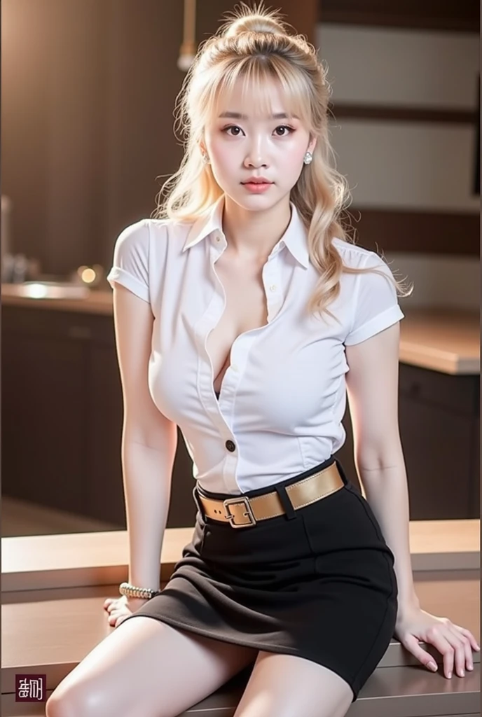 tmasterpiece,Highest image quality,super detailing,Enchanted smile,amazing face and eyes, cosmetics, (extremely detailed beautiful face), (The sexiest look), deep understanding,Naked of breast,(Best quality:1.4), (ultra - detailed), (extremely detaild的 CG unified 8k wallpapers), The content is very detailed, RAW photos, professional photoshooting, ((Open business suit)), (Open business shirt),Stepped skirt,Indoor and below, (Office room, Dark Office, rays of moonlight), (nigh sky), depth of fields,face flushed,raised eyebrow,Very shy,blond hair blue eyes,Sexy female secretary,looking at viewert,Dreamcatcher earrings,epic,concept-art,Upturned breasts,nice breasts,Beautiful udder,