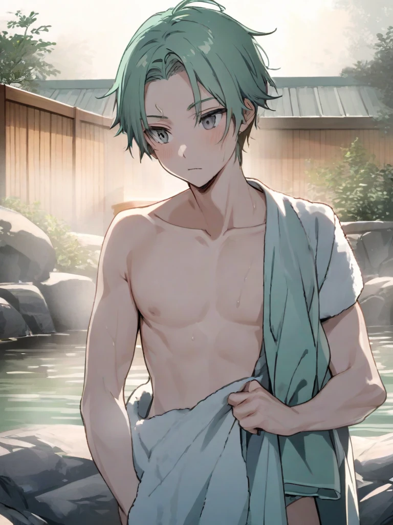 (Masterpiece, best quality, highres, portrait) {{Artist: Sincos}} 1 man, solo, mature, 24 years old, handsome, elegant, fair skin, blue eyes, short hair, green hair, naked, tsundere, tired eyes, pouting, standing straight, flustered, from side, eyes looking at camera, in natural spring, showring with small stream, fantasy.
