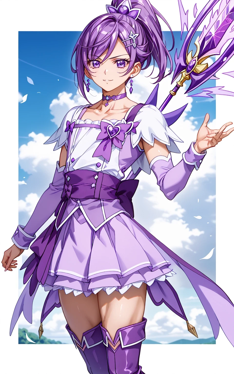 score core 8 up、score 7 up、source anime、傑作、Best quality、Best resolution、anime coloring、1boy、cure sword is a boy、(male:1.5)、solo、boy is wearing a purple dress、short purple hair boy、sparking purple eyes、high short ponytail hair、spade shape hair ornament、solo、amethyst prince、anime prince、 purple mini skirt、collarbone、trapezius、white shoulder pads、purple neckwear、purple choker、purple Arm warmers、purple detached sleeves、purple waist bow、bare thighs、thigh muscles、semitendinosus muscles、covered hamstrings、covered adductor magnus muscles、purple thigh high boots、official character art、style of magical boy、masculinization、magical boy、 official fan art、 !!Full body portrait!!、 magical boy style、 王子としての王様讃美歌、 MLP fan art、cure sword outfit、詳細な fan art、 magical aura、purple thunder aura、Best resolution、 commission for Best resolution background!、boy is wearing a white and purple dress、boy wearing purple boots、anime boy is wearing a nice dress、(manly:1.5)、official art、anime boy、male focus、looking at viewer、solo focus、cowboy shot、(male body:1.5)、