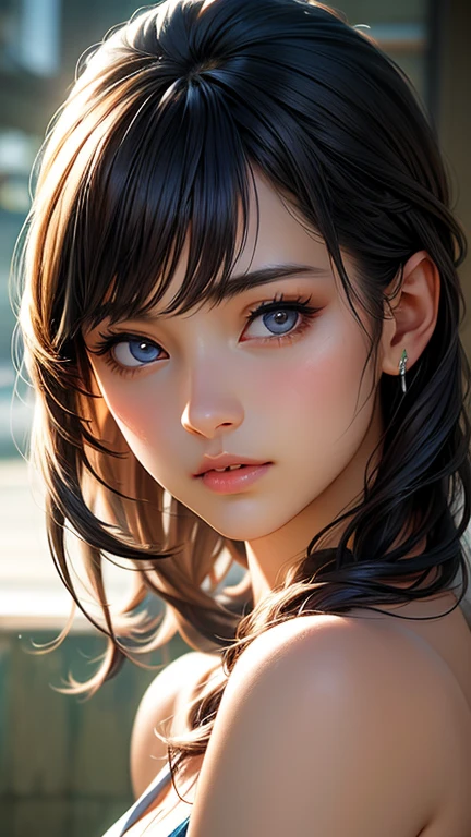 pretty girl, (Brown Hair), ((very bun hair)), Perfect Face, An innocent smile, Upper Body,(Cerulean Eyes), ((Only 16)), Skin dents, Very detailed, Attractive oval face, Red lips, pink, Shiny skin, Thin Hair, Face Focus, Chest close-up, Gorgeous hair ornament, Gold earrings, ((1 girl)), Embarrassed look,
