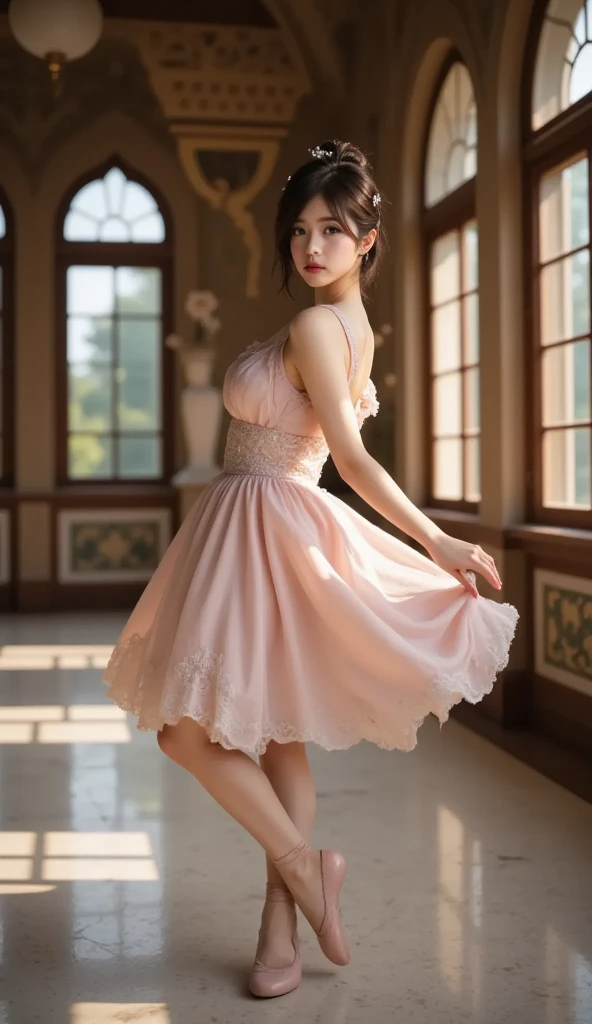 8K, masutepiece, Raw photo, Best Quality, Photorealistic, Highly detailed CG Unity 8k wallpaper, depth of fields, Cinematic Light, Lens Flare, Ray tracing, (Extremely beautiful face, Beautiful lips, Beautiful eyes), intricate detail face, ((Ultra detailed skin)) 1girl in, In the Dark, deepshadow, Pretty Korean girl, Kpop Idol, 1 girl, (Very slim and slender fit muscular body:1.3), ((Looking at Viewer)),(Big smile:1.3), (Midnight, a dark night, (Neon sign), (Blurred background), Dim light), (No people in the background:1.3), Beautiful earrings, Bracelets, Necklace, pantyhose, Clear eyes, Walking , Front shot, (pale skin), (Big eyes), Face forward, (Full body shot), (Brown hairs), open navel, (Looking at Viewer:1.3), Very slim, medium breasts, (Camel toe), thick thighs, turn back, (fluttering mini dress), ((orange and pink lace color dress)), (Tight skirt), ((backtrack, Back shot)), Ultra mini skirt, exposed ass, upper Shot(Wearing fishnet stockings),