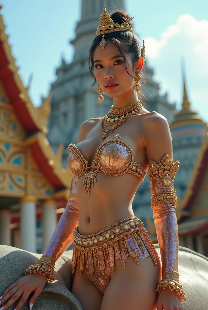 high resolution, Masterpiece, Best Quality, ((Hasselblad photo)), Sharp focus, (Cinematic lighting), Soft lighting, Dynamic Angle, girls, Mature Indonesian woman, (Wearing a Indonesia dance dress:1.2), carnival, Indonesia dress, fine detailed skin, Very long wavy black hair, Highly detailed hair, high heels，large full breasts，bare chest，a narrow waist，bare ass，big size ass，bare belly，sparkly skin，exotic, sexy, erotic,  intriciate detail, ((Cinematic light)),((batik)), , Indonesia, carnival, Colors, 8K