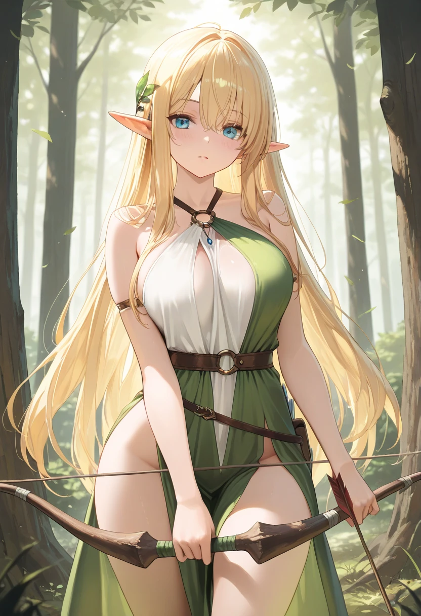 (masterpiece, best quality, ultra-detailed, high resolution, detailed eyes), takeda hiromitsu style, (1woman), elf woman, archery, long straight hair, blonde hair, green clothes, curvy body, forest, cowboy shot