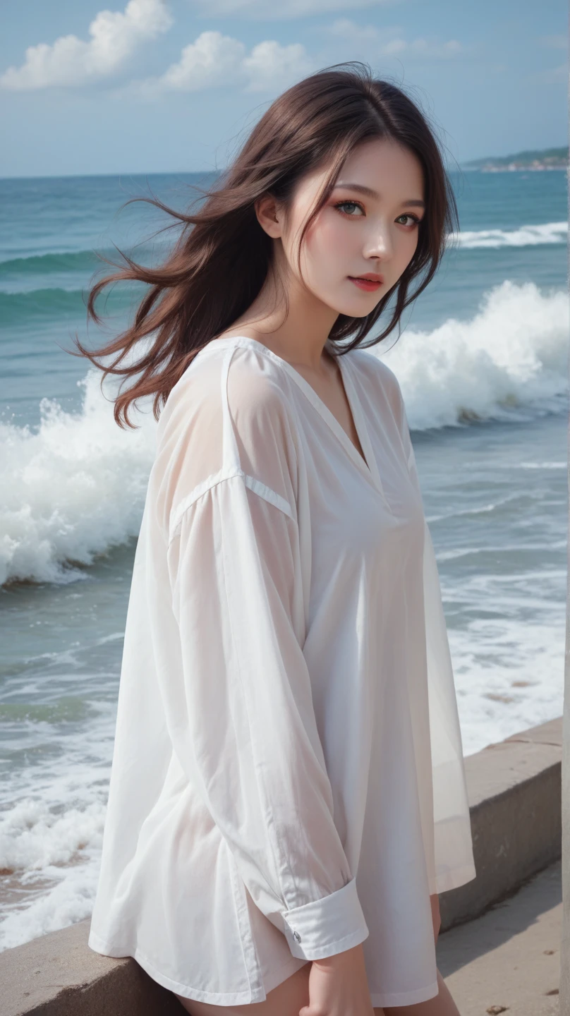 Japanese Girls, (Baby-faced beautiful girl:1.2, Idol Face), Delicate skin, Delicate areas, Detailed Description, Beautiful Eyes, Calm scenery, Beautiful beach with a promenade, Fluffy white clouds in a blue sky, The sound of waves crashing on the shore, A summer breeze carrying the scent of the season. , Bright sunlight emitting a warm glow, (Flowing, smooth hair, Hair blowing in the wind:1.3), (Highest quality, 4K, 8K, High resolution, masterpiece: 1.2), Very detailed, (Realistic, Realistic, Realistic: 1.37), (Detailed facial features, Beautiful attention to detail, Beautiful lip detail, Very detailed目と顔), (Professional photography techniques), Beautiful breasts, Small beautiful butt, Slender body line, ((Long eyelashes, double eyelid)), Calm, quiet, peaceful, Idyllic, Warm colors, Golden Hour Lighting, Cinematic, dream-like, Nostalgia, landscape, Natural light, (Detailed hands:1.2, Beautiful little hands of a girl:1.3, Join hands)