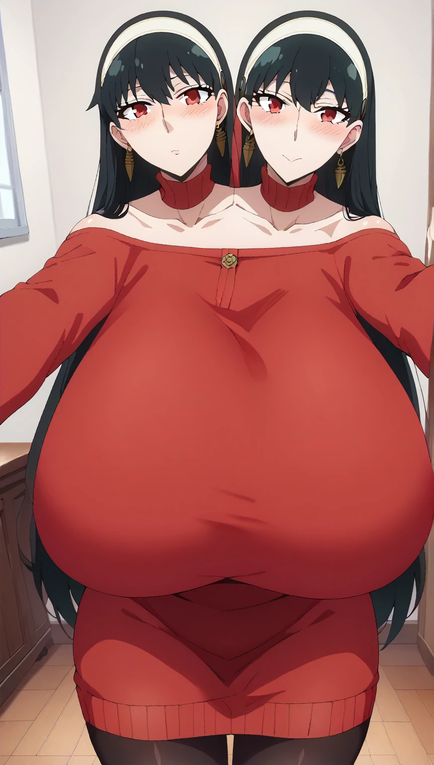 ((Tabletop, Highest quality, High resolution, Pixel perfect,  4K, nsfw)))、1 Girl, single, alone, Beautiful woman、 ((short hair, Long sideburns、Black Hair)), ((Red eyes, Beautiful eyelashes, Realistic eyes)), ((Detailed face, blush:1.2)), ((Smooth texture:0.75, Realistic texture:0.65, Realistic:1.1, Anime CG Style)), (((Muscular)))、((Huge breasts、Thick thighs)), Perfect body、Office room at night、((((Embarrassing、blush))))、((Sweat))、Gold Hair Ornament、Are standing、(Put your hands behind your head、Armpits)、red ribbed sweater、Sweater Lift