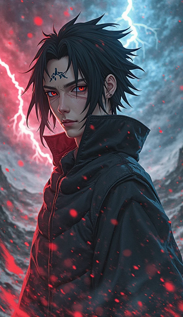 (absurdres, highres, ultra detailed),(Masterpiece, best quality:1.2),1man, Itachi, wearing akatsuki clothing, surrounded by clothes,red eyes,glowing red eyes,eye glare,looking at the viewer,Close up shot,long hair, masculine face,handsome