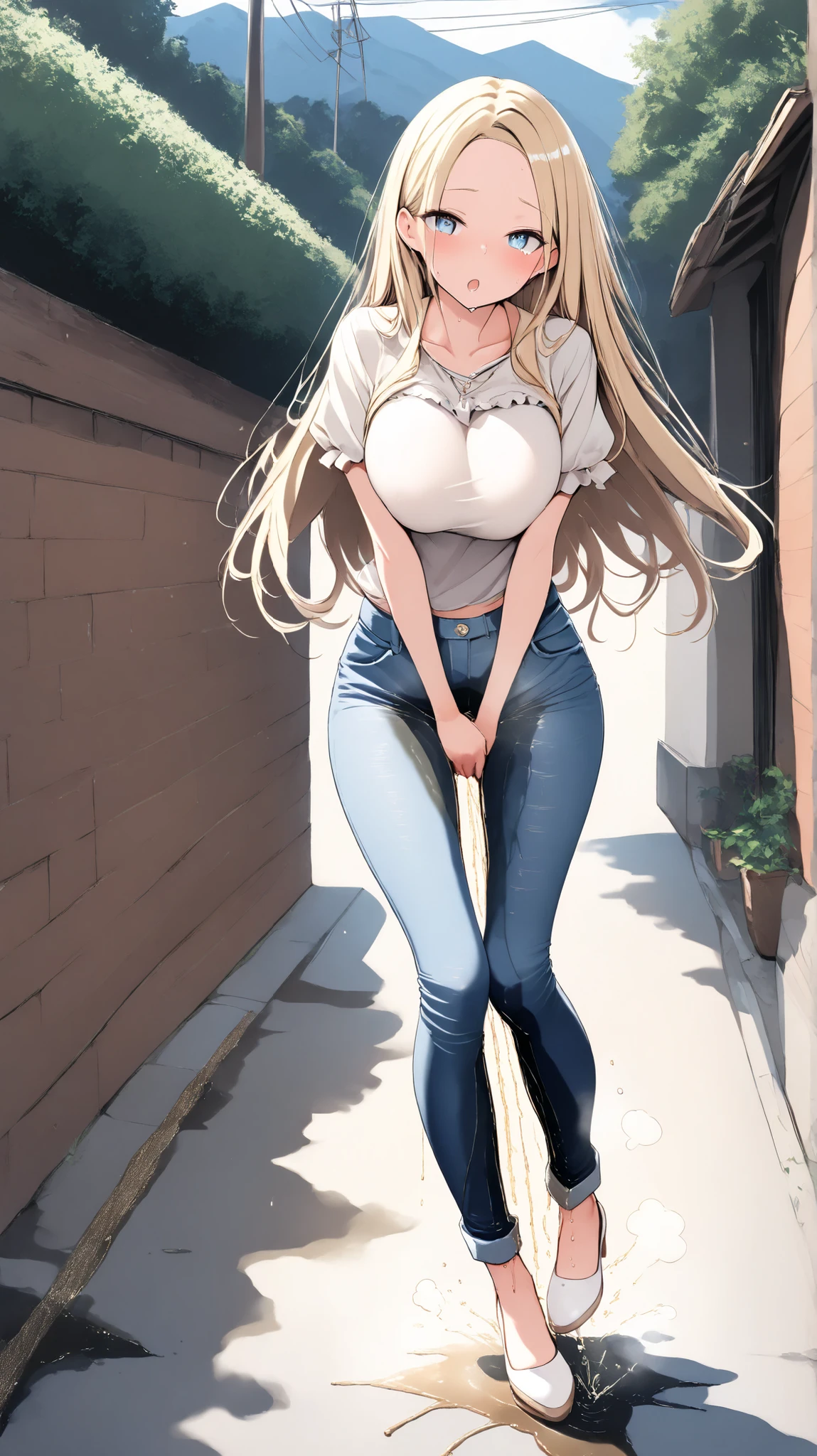 masterpiece, extremery magnificent view, perspective, extremery best quality, extremery detailed CG, 8k wallpaper, ultra high resolution, highly detailed face, highly detailed eyes, perfect anatomy, super detailed skin, not safe for work,
(dynamic angle, casual pose:1.2), outdoors, downtown, (legs focus, full body:1.3), (beautiful face, beautiful eyes, beautiful legs),
1girl, 20 year old, European woman, blonde hair, sleek hair, long blonde hair, reading glasses, forehead, blue eyes, large breast, hard nipples, (green sweater), skinny, wide hips, thin waist, (blue skinny jeans pants), cameltoe, (white sneakers)