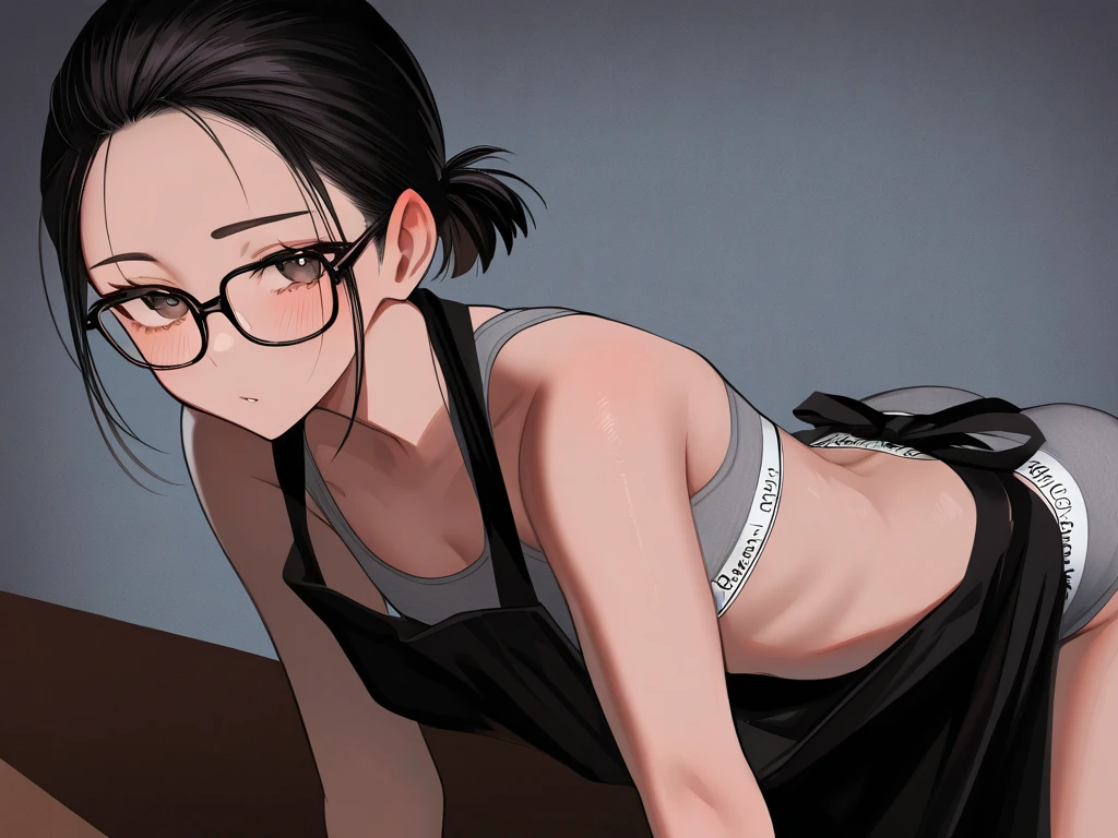 (((solo))), mature woman, High quality, highly detailed, masterpiece, RAW photo, best quality, (thin waist), ((thin hips)), brown hair, ((ponytails)), (short hair), (open forehead), (cute face), cinematic lighting, lush illumination, (thin arms), (thin legs), (huge circle glasses), (big brows), ((small breasts)), muted colors, (suspicious), ((simple background)), ((choker)), ((looking at camera)), (white blouse), (black trousers), (smiling), sneakers, (arms behind body), (sweat), (full size view), (side view)